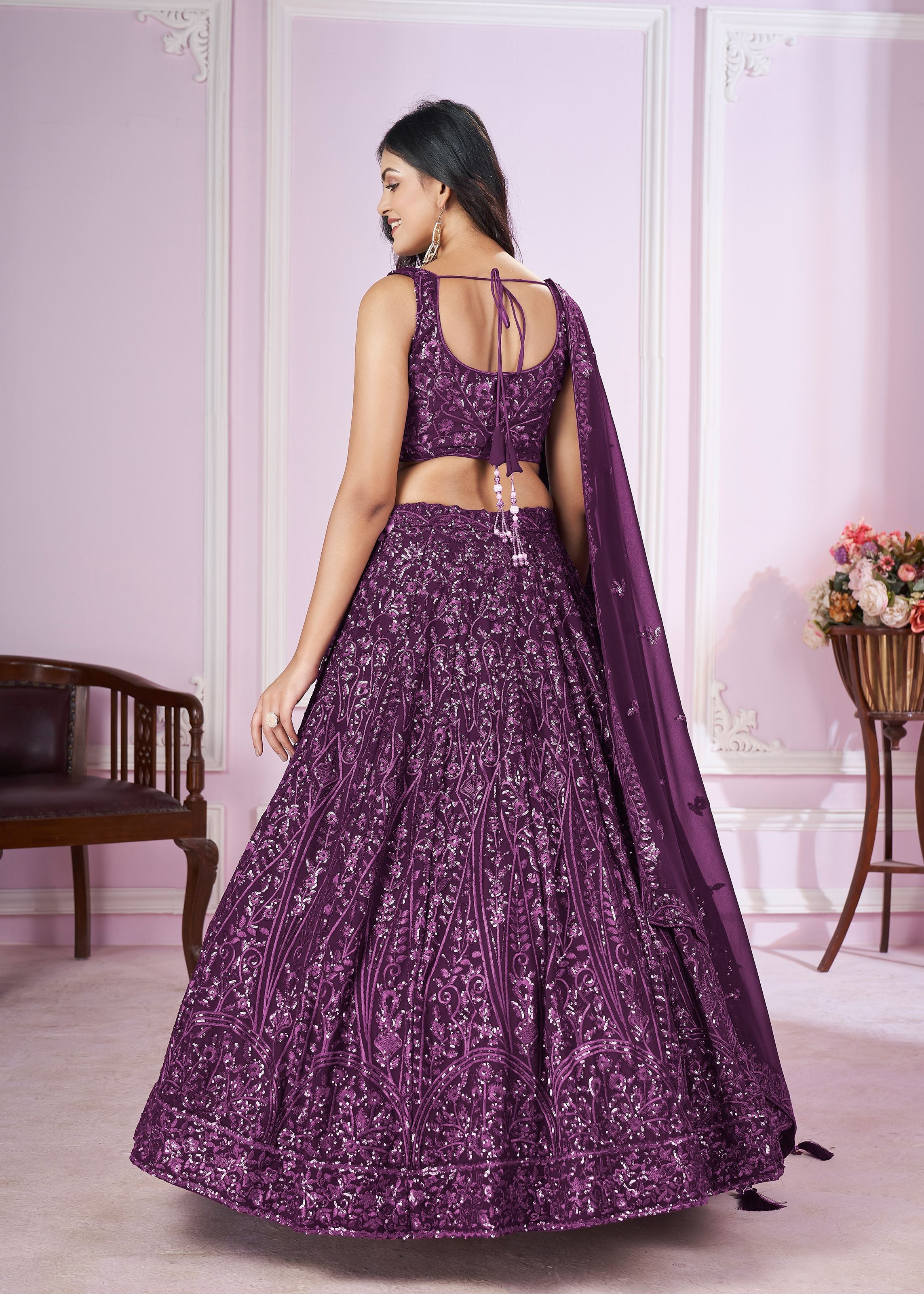 Purple Georgette Lehenga Choli With Sequins, Thread Embroidery Work