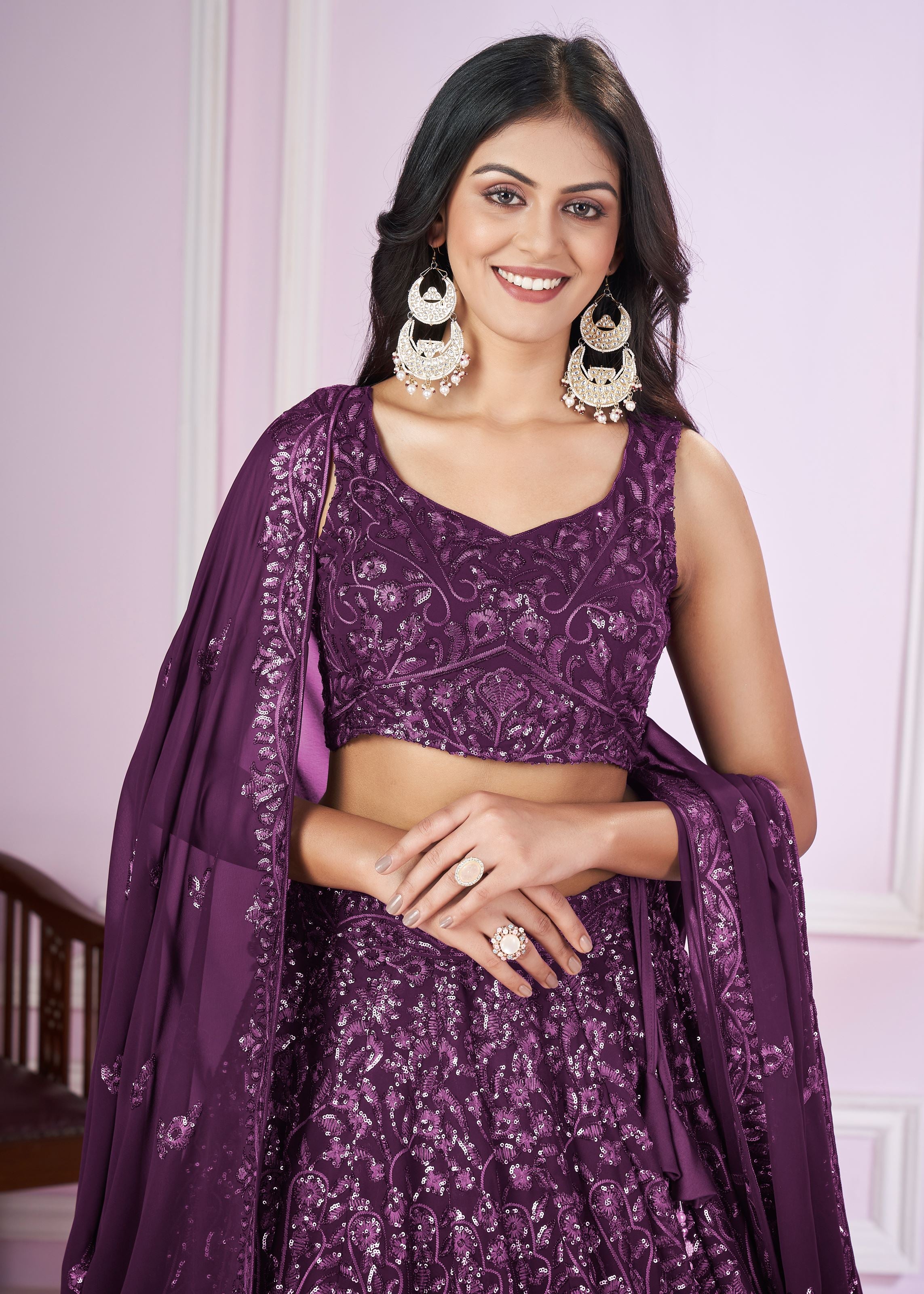 Purple Georgette Lehenga Choli With Sequins, Thread Embroidery Work