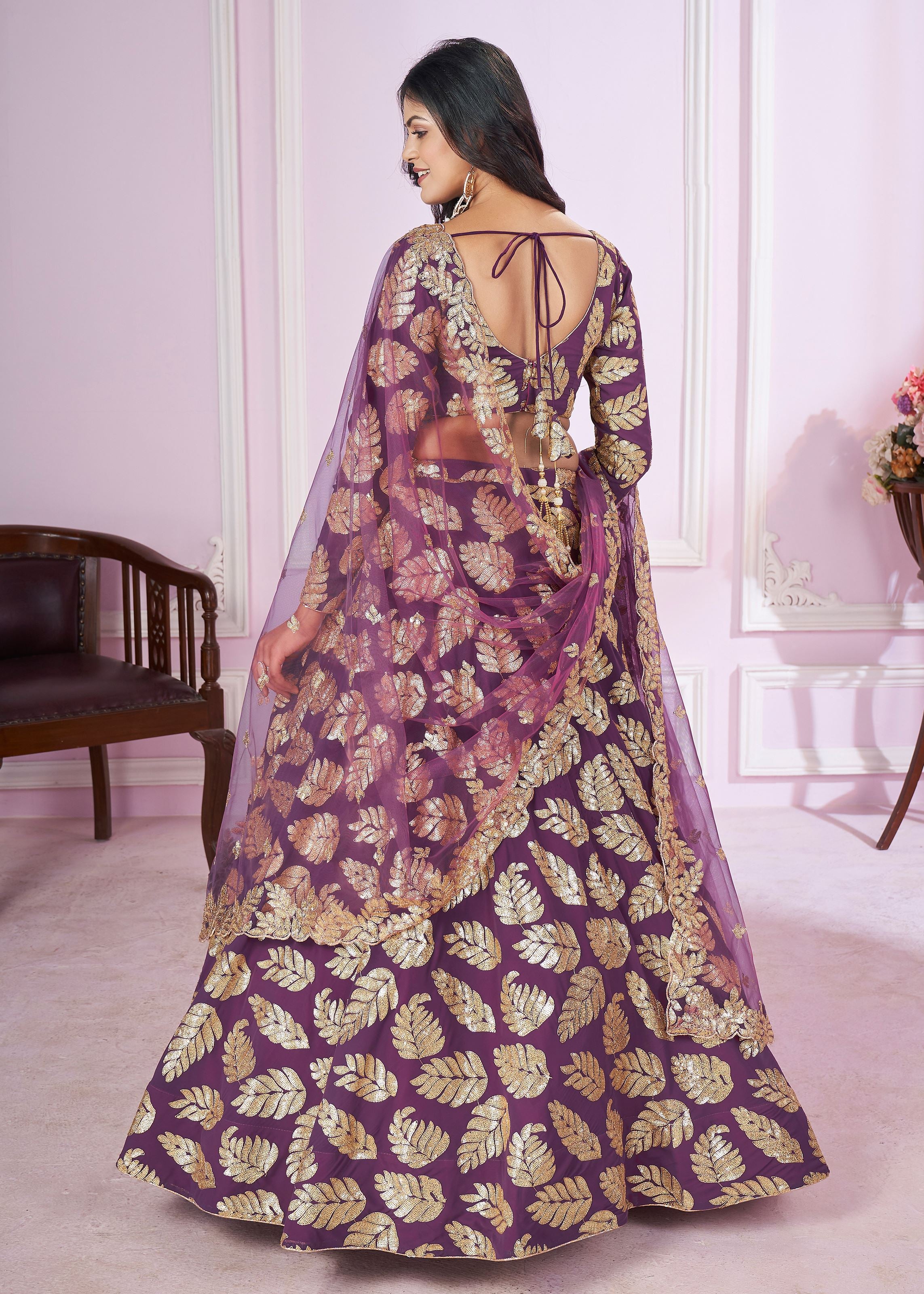 Purple Georgette Lehenga Choli With Sequins, Zari Embroidery Work