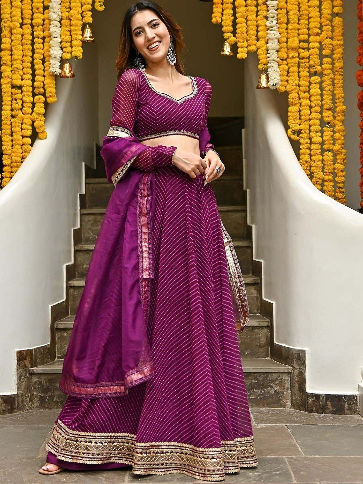 Purple Georgette Lehenga Choli With Zari,Cording Lace work and Leheriya Print