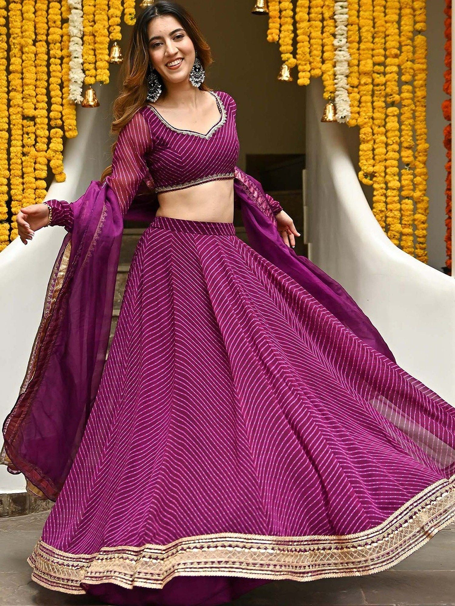 Purple Georgette Lehenga Choli With Zari,Cording Lace work and Leheriya Print