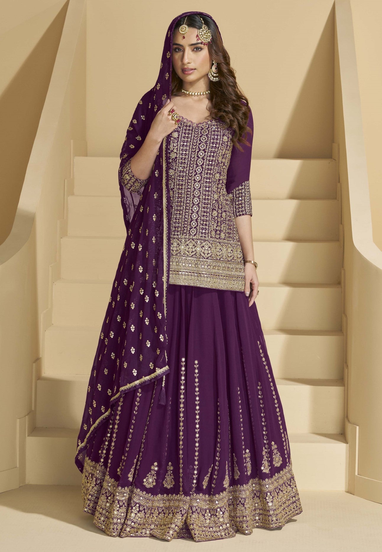 Purple Georgette Lehenga Set With Seroski Sequin Work