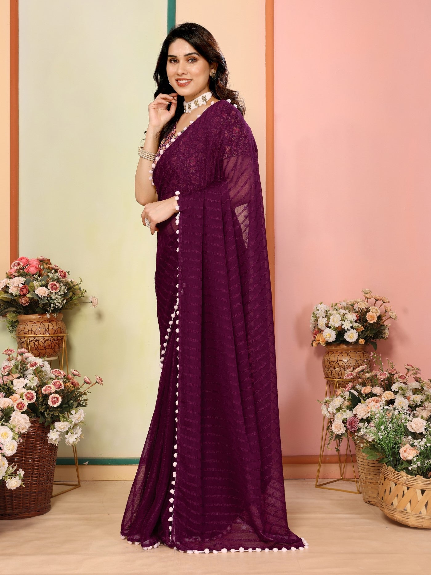 Purple Georgette Patta Saree With Plain Saree With Digital Print Blouse