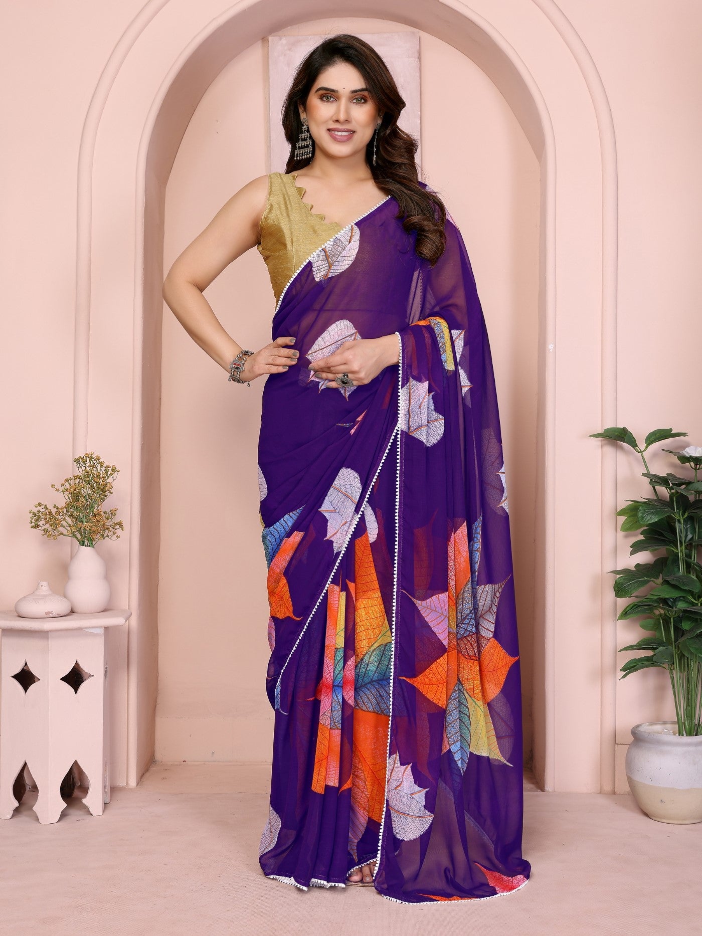 Purple Georgette Ready-to-Wear Printed Saree with Lace