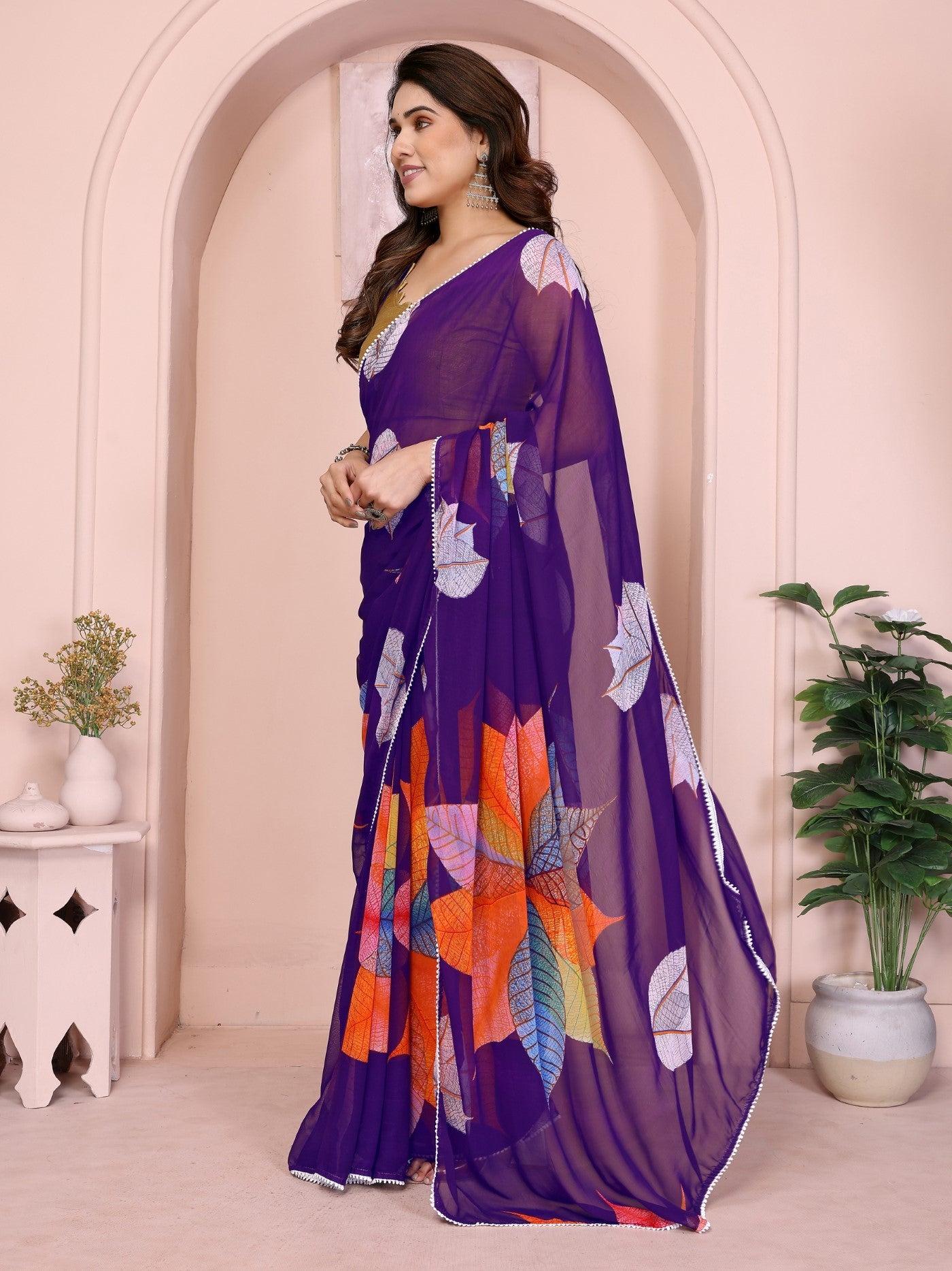 Purple Georgette Ready-to-Wear Printed Saree with Lace