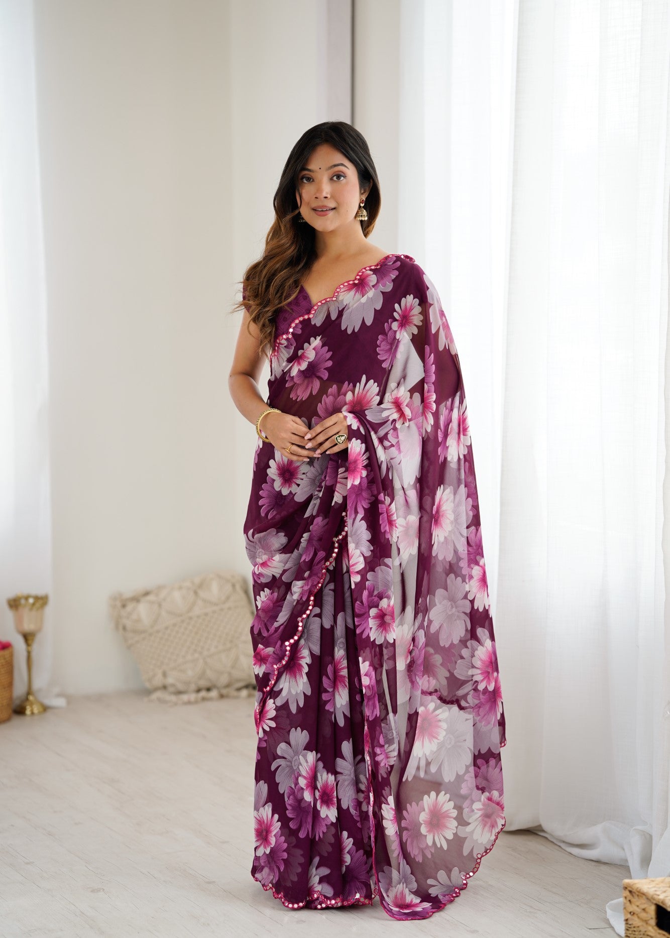 Purple Georgette Saree With Printed Design And Mirror Work