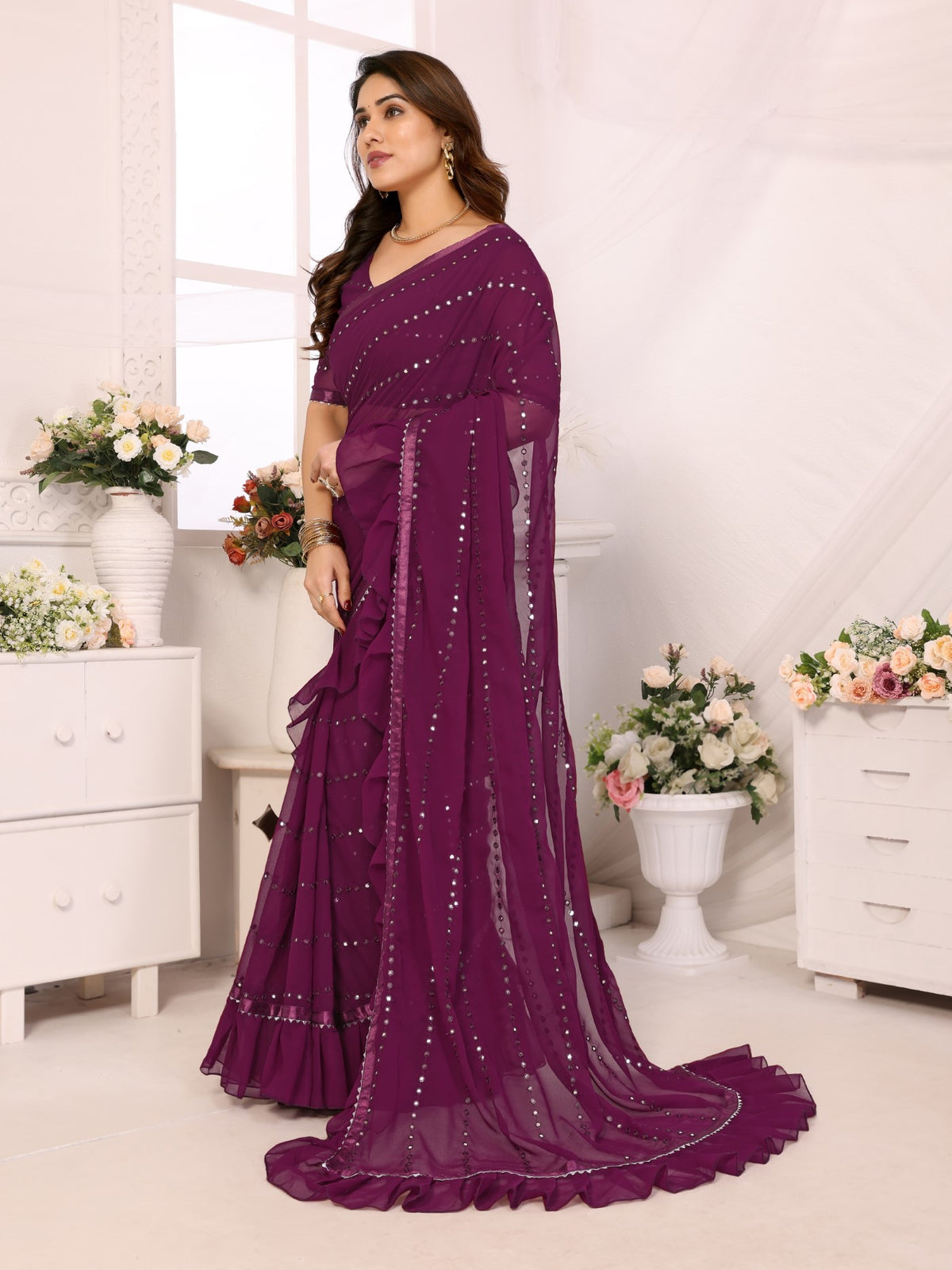 Purple Georgette Saree With Ruffle Saree With Mirror Work With Mirror Work Blouse