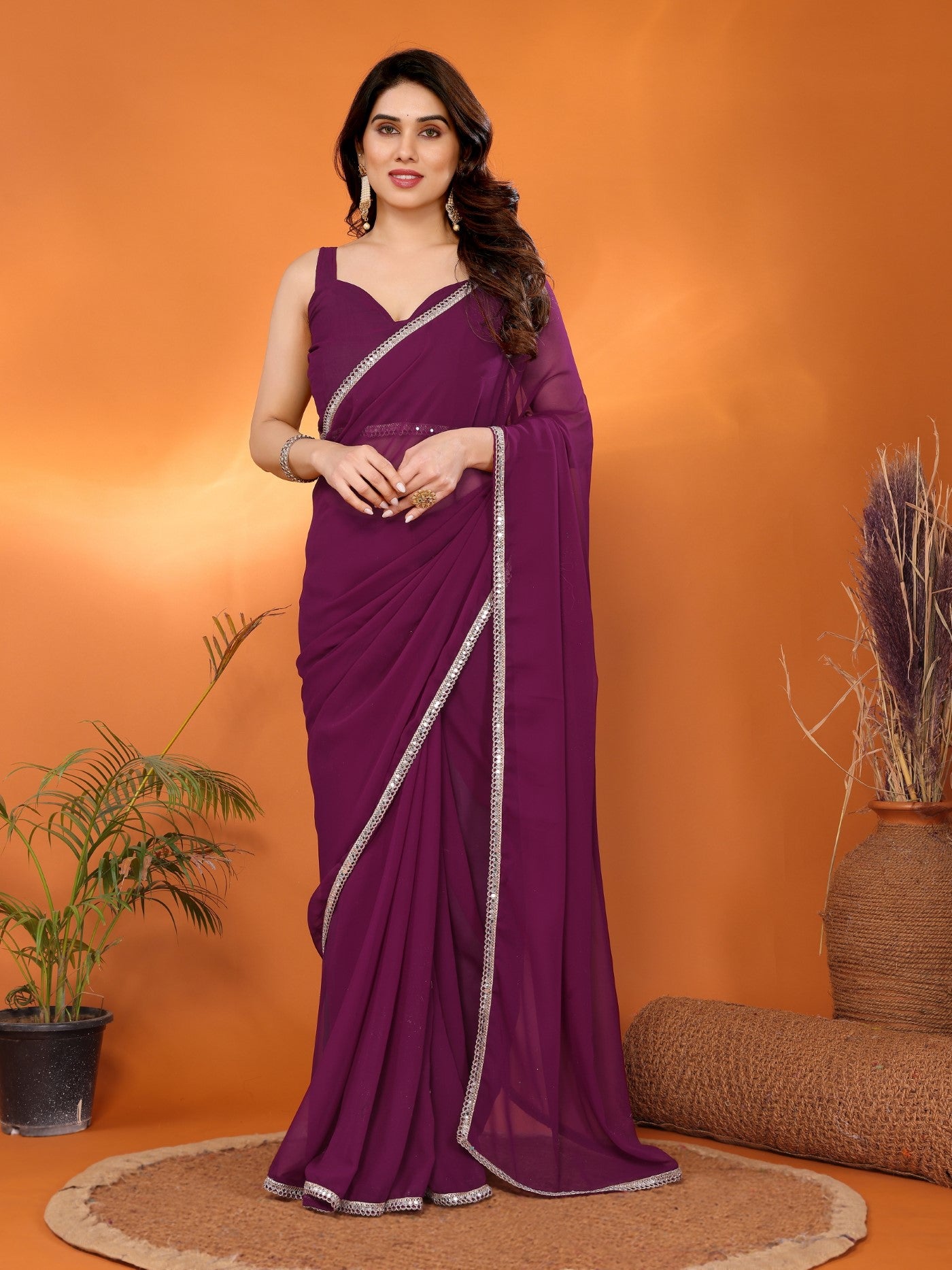 Purple Georgette Saree with Mirror Border