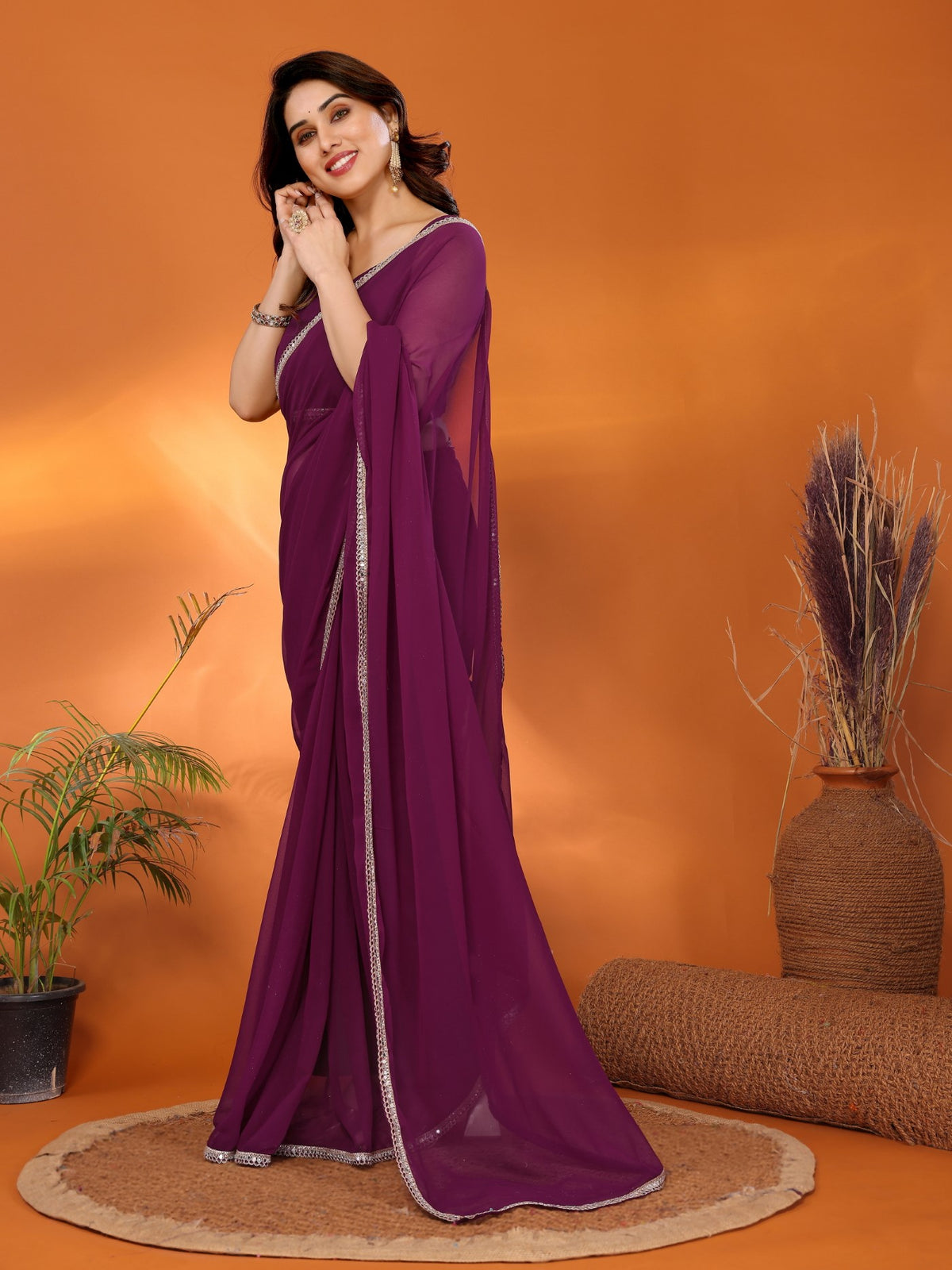 Purple Georgette Saree with Mirror Border