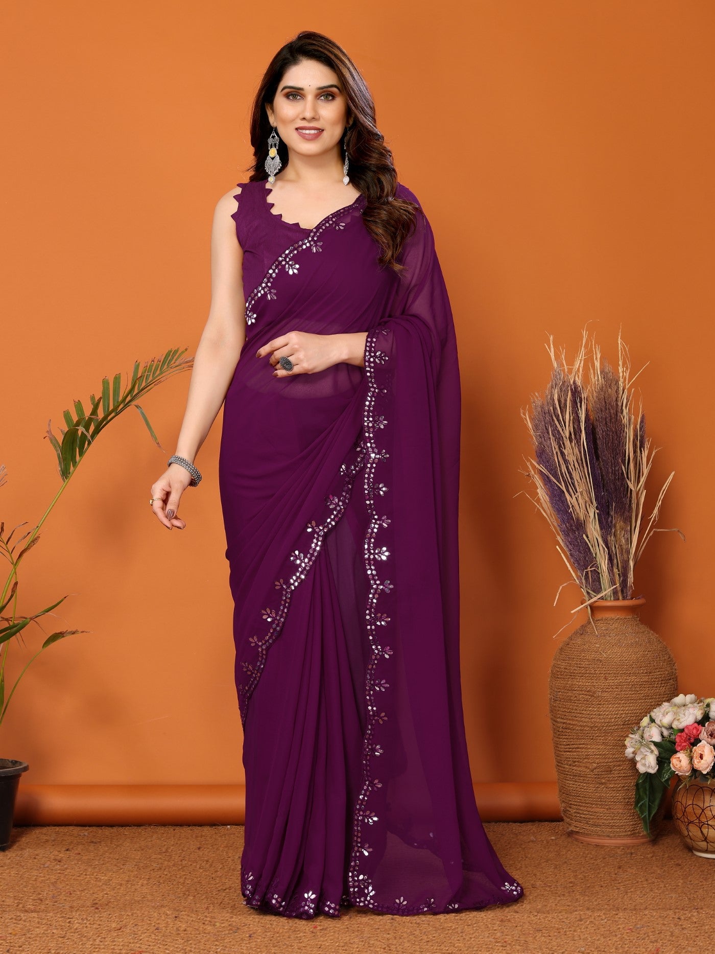 Purple Georgette Saree with Mirror Work