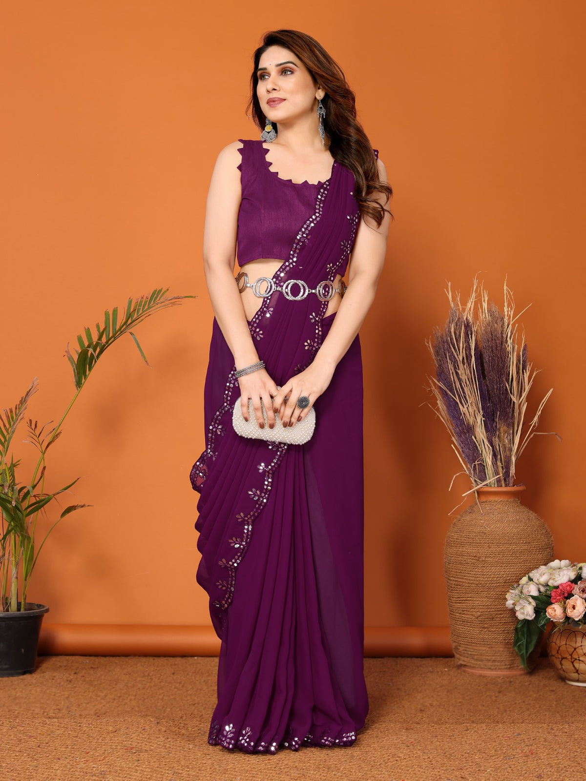 Purple Georgette Saree with Mirror Work