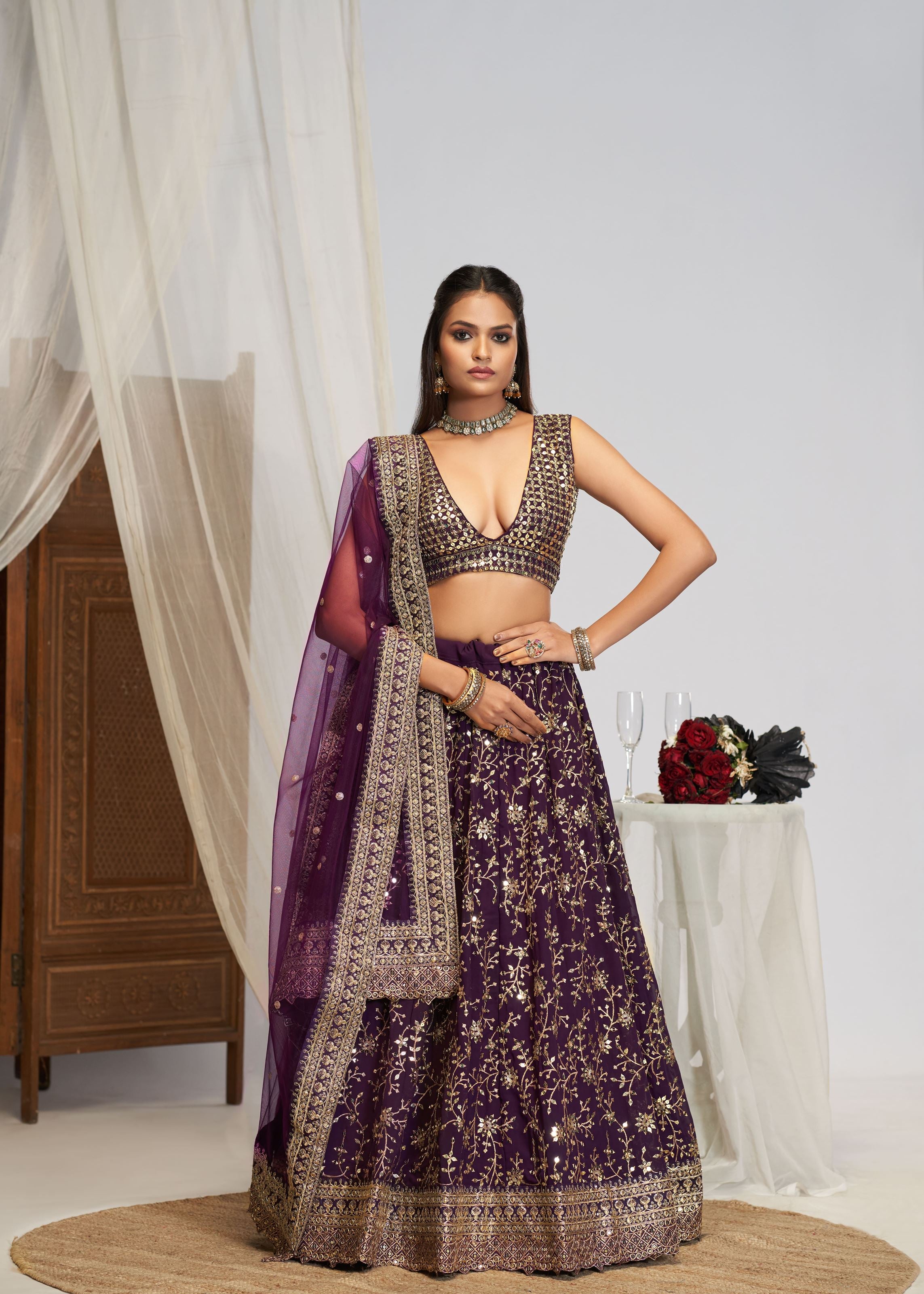 Purple Georgette Sequence Embroidery Work Lehengacholi