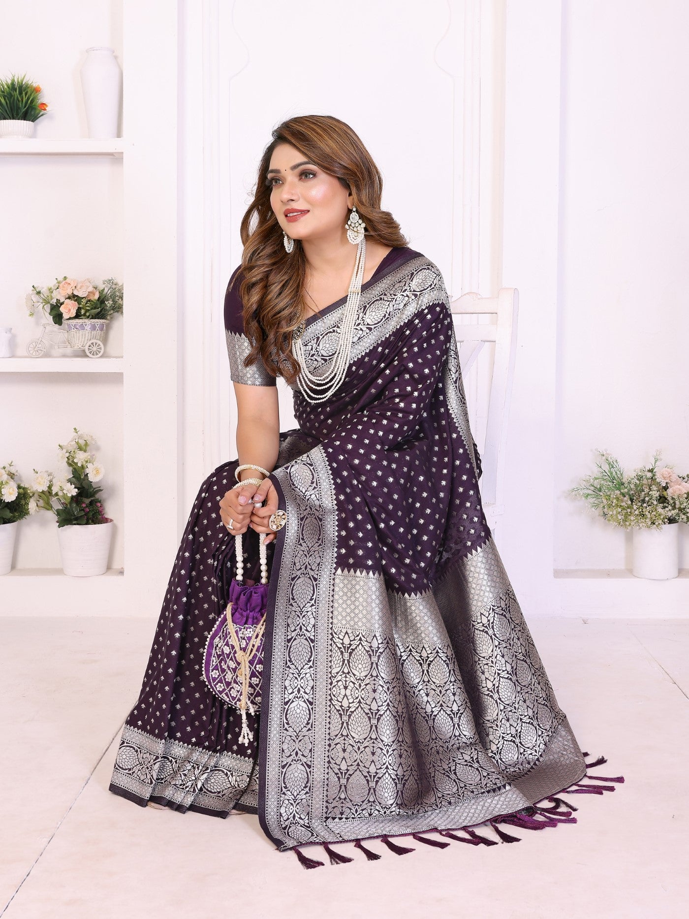 Purple Georgette Silk Saree With Classic Zari Weaving
