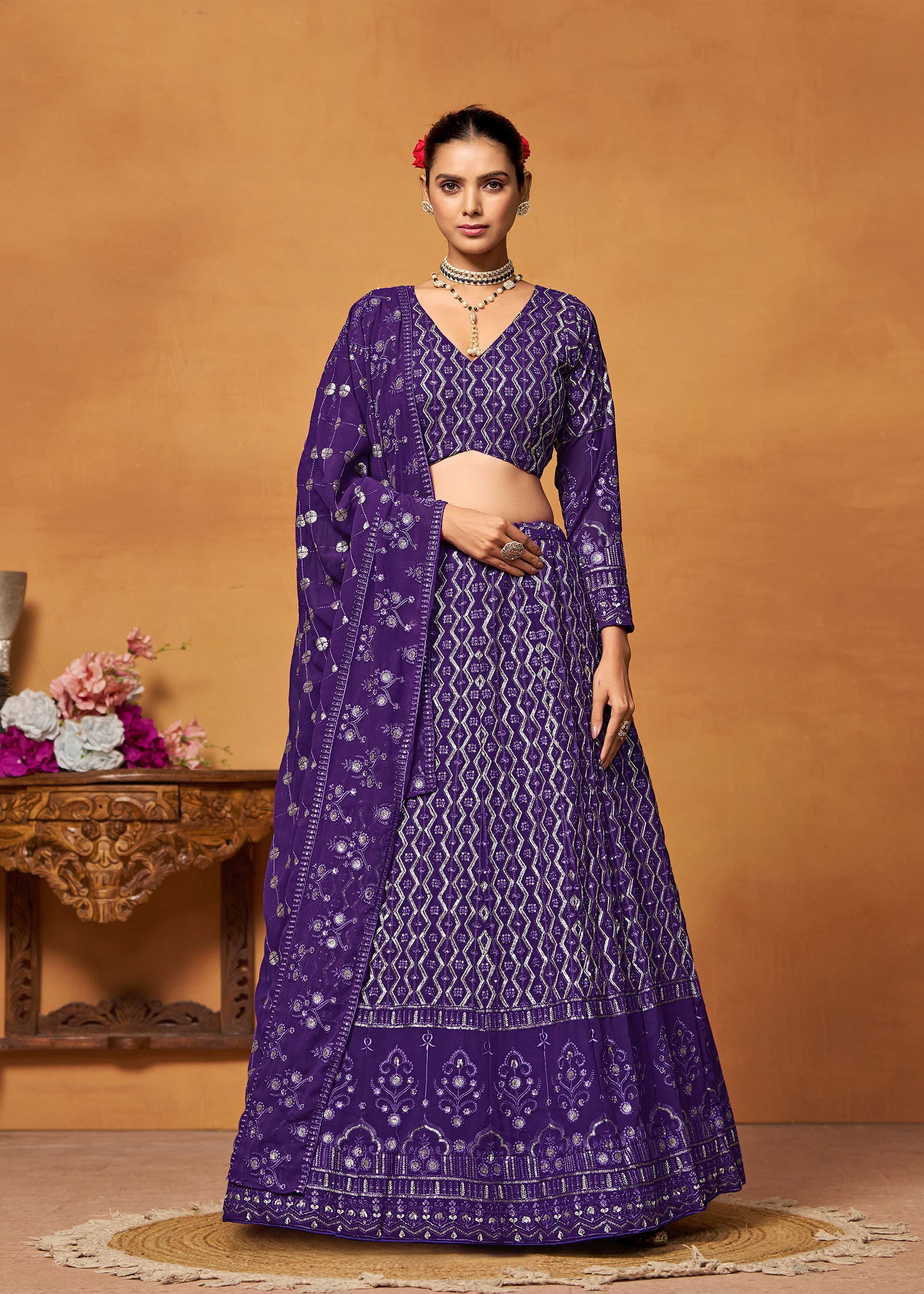 Purple Georgette Thread Sequence Embroidery Work Lehenga Choli