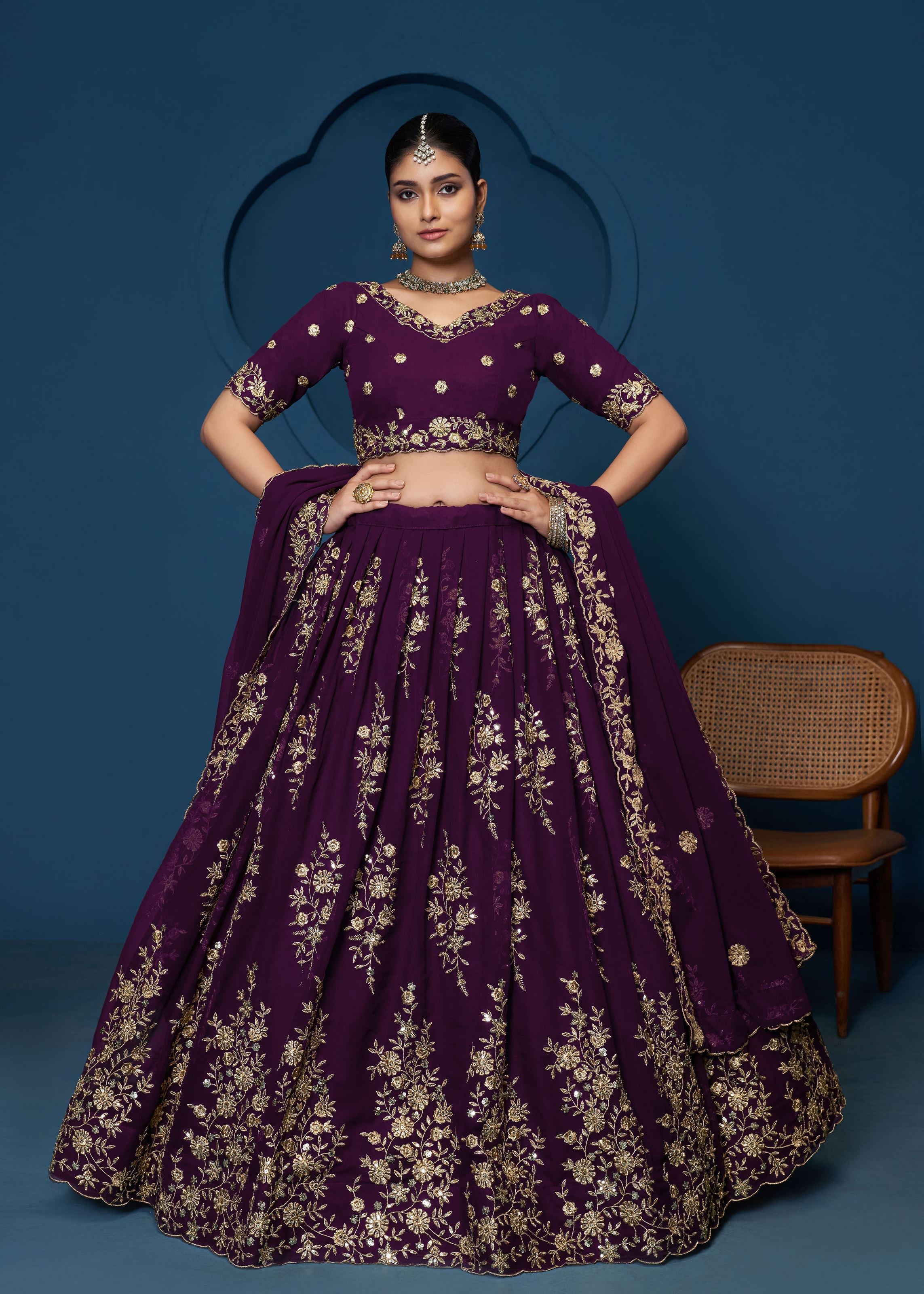 Purple Georgette Thread Sequence Embroidery Work Lehenga Choli