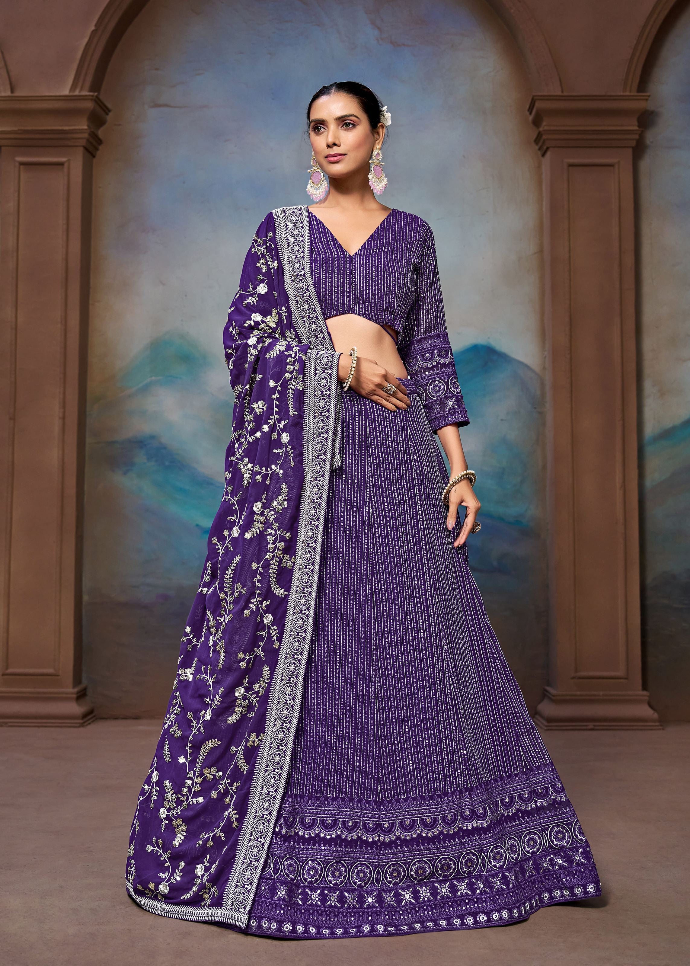 Purple Georgette Zari Sequence Embroidery Work Lehenga Choli