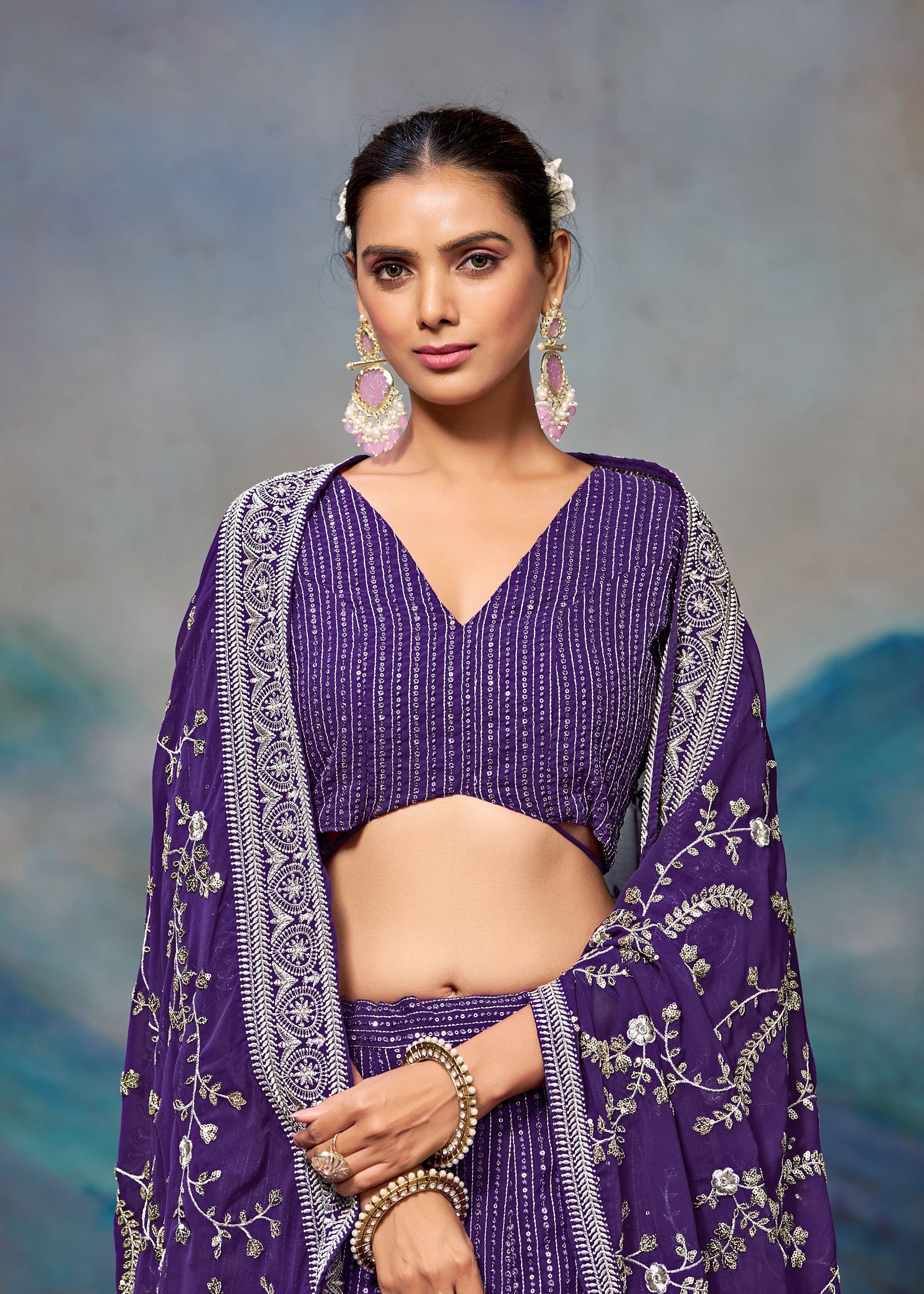 Purple Georgette Zari Sequence Embroidery Work Lehenga Choli