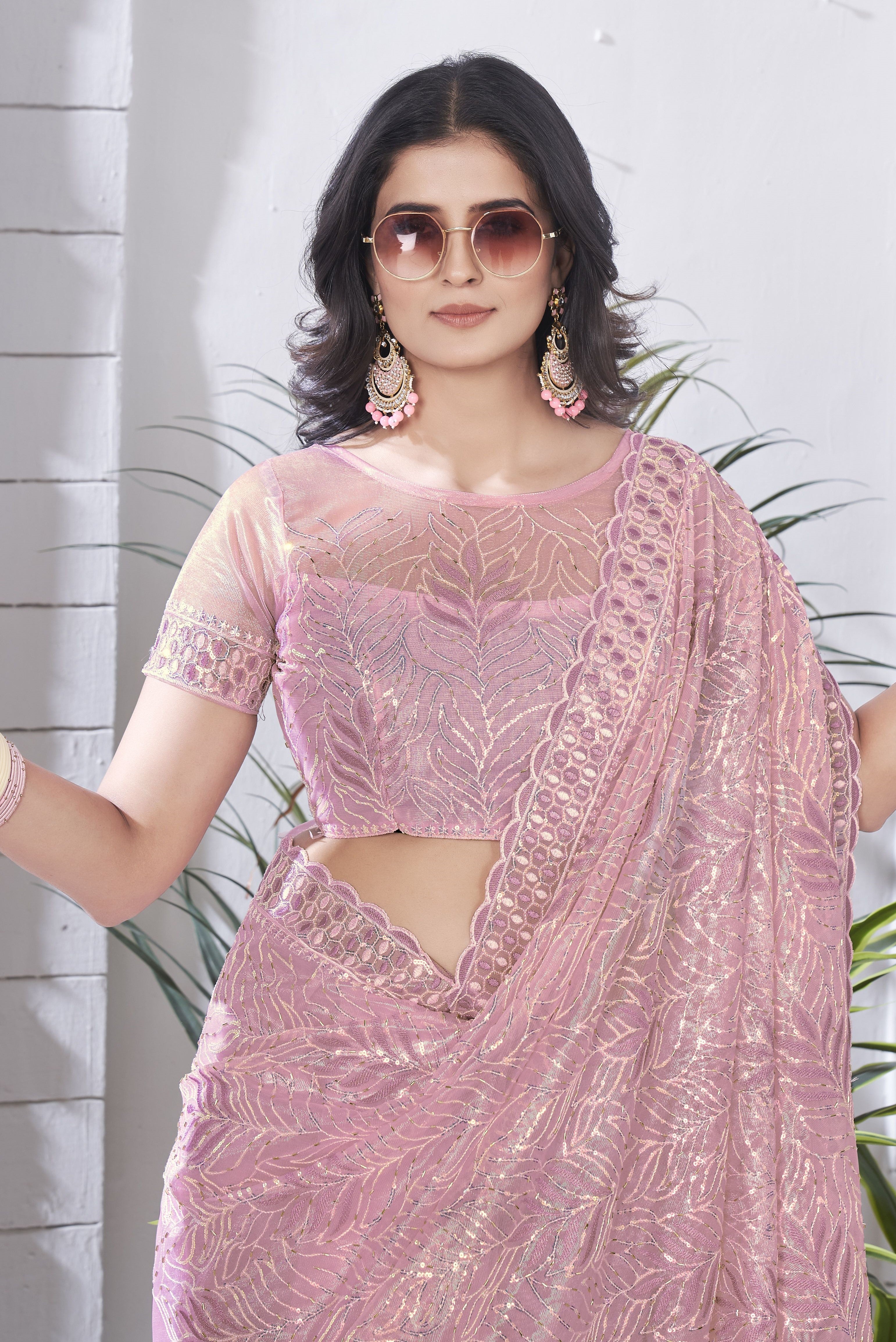 Purple Girlie Tissue Net Designer Embroidered Saree