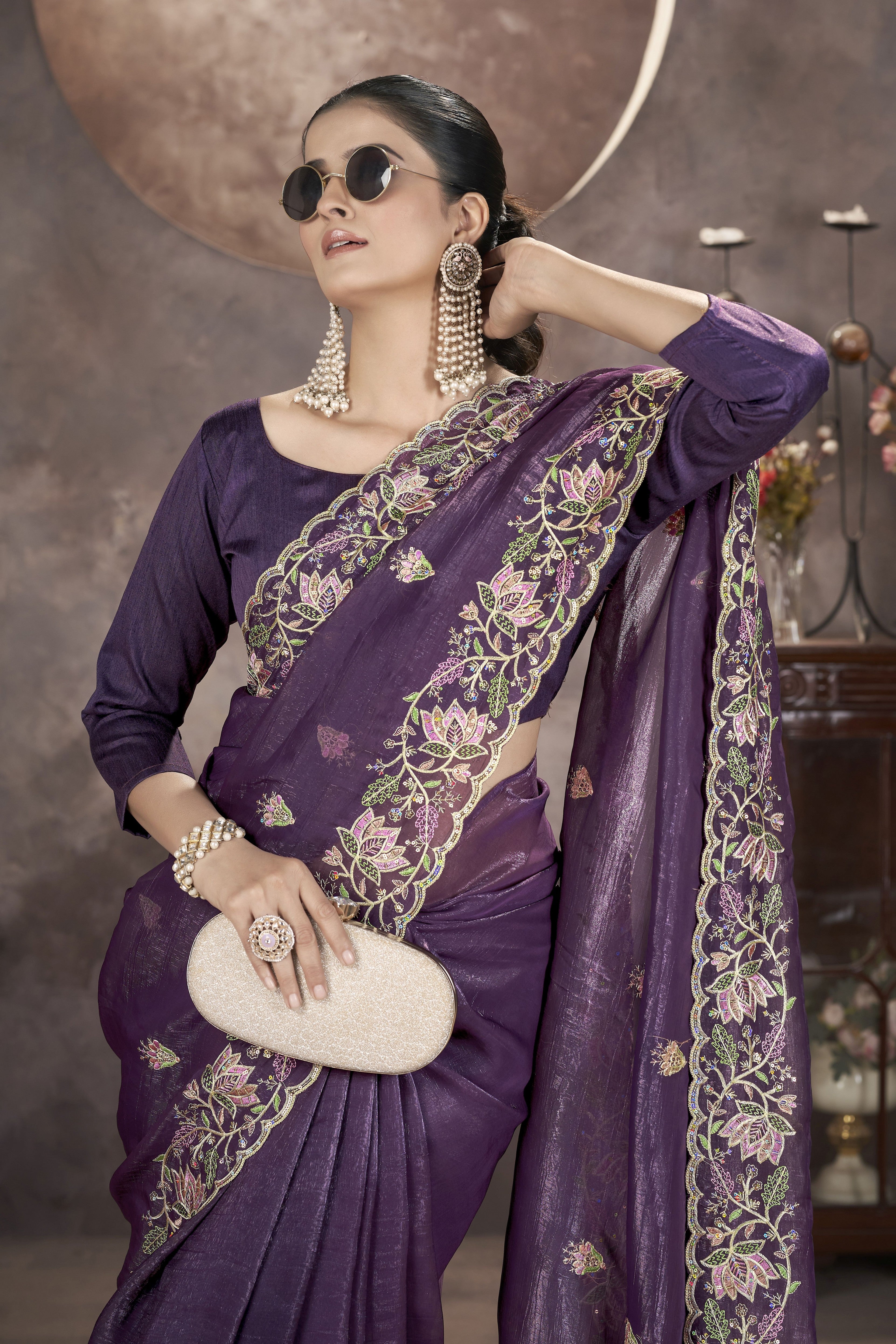 Purple Gold Crunchy Ethnic Partywear Glamorous Saree