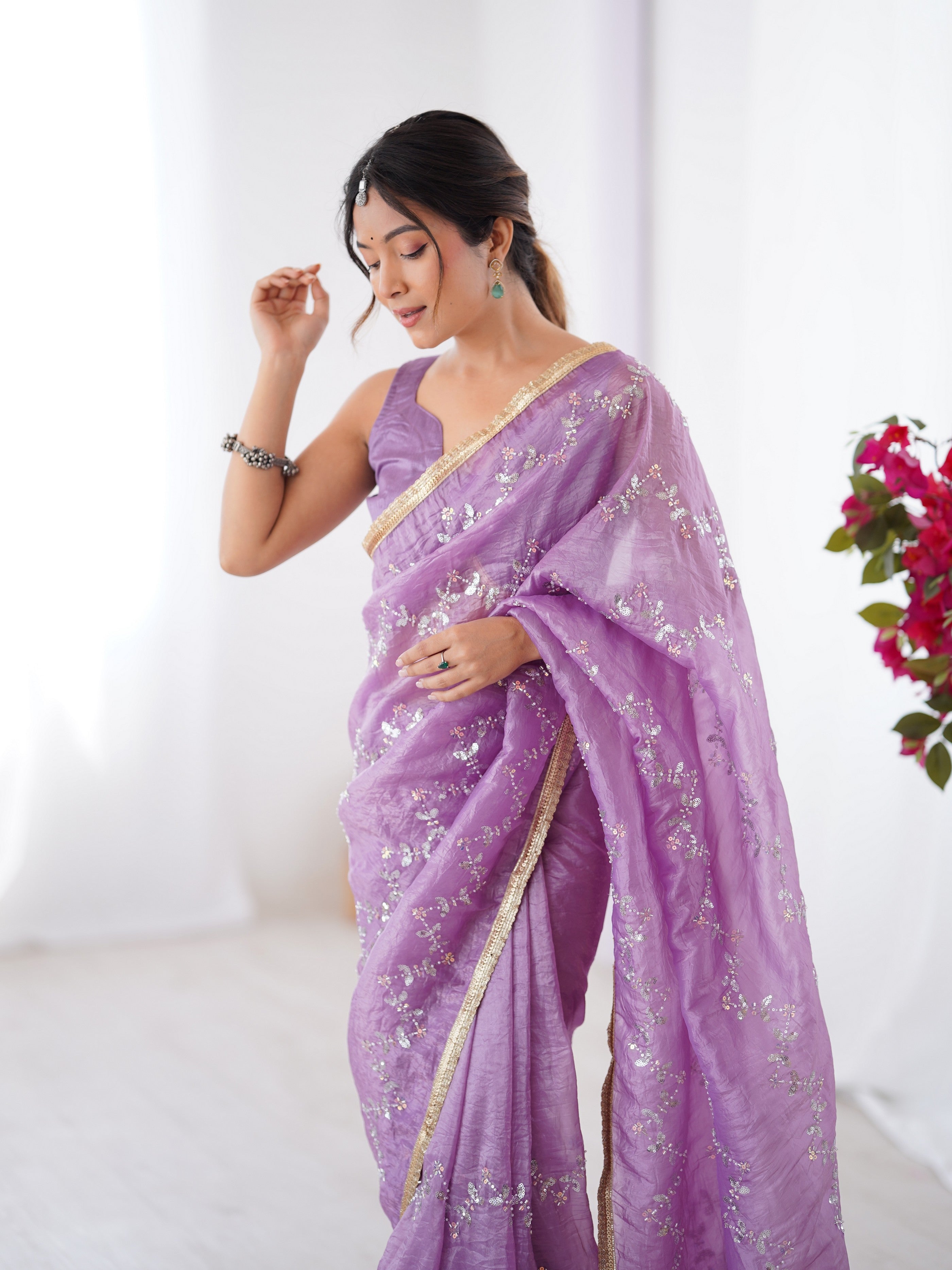 Purple Gold Crush Designer Sequins And Mofis Work Saree