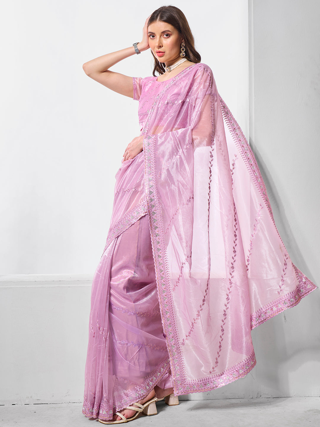 Purple Gold Tissue Net Fabric Designer Embroidery Work Ceremonial Partywear Saree