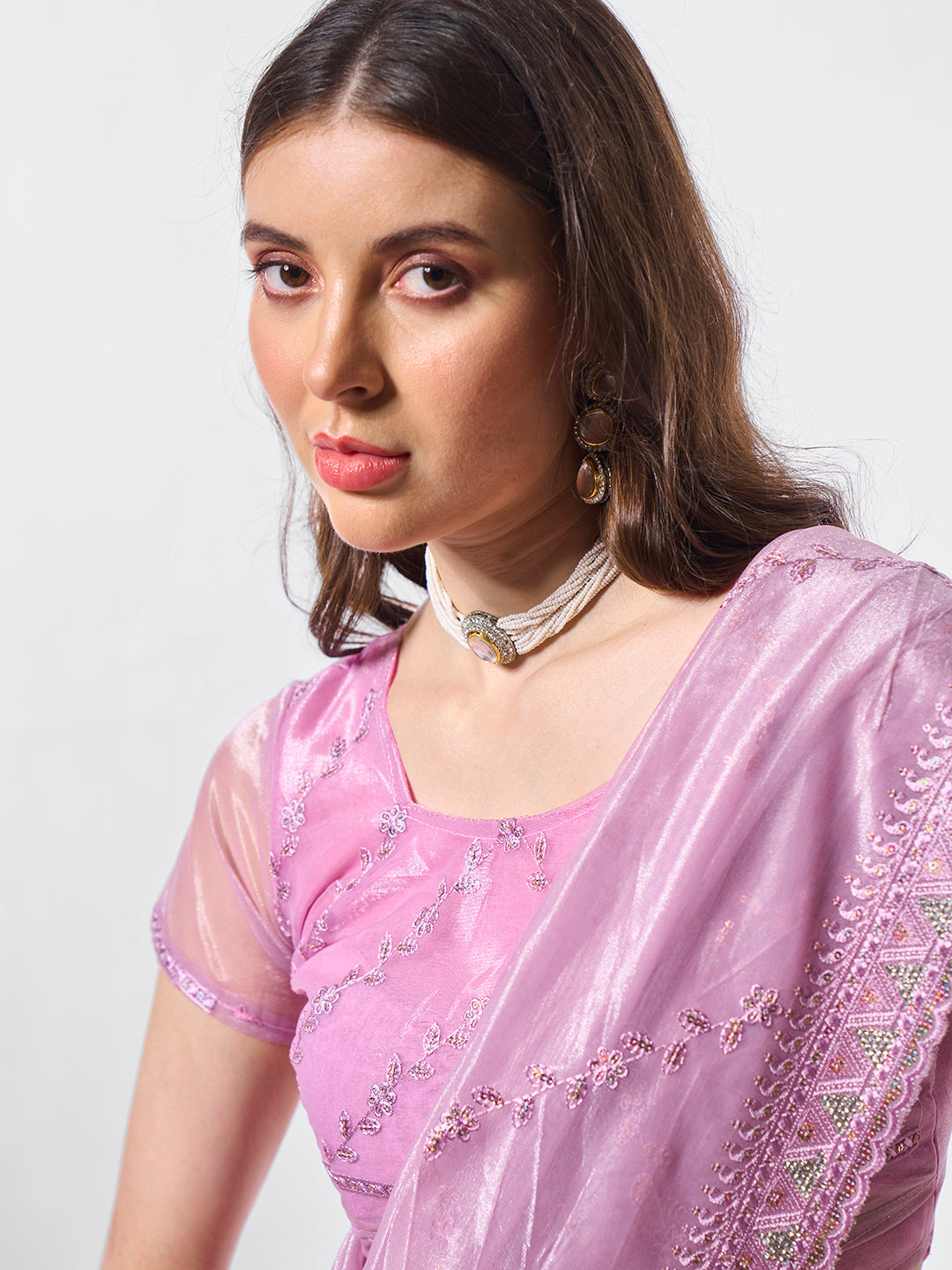 Purple Gold Tissue Net Fabric Designer Embroidery Work Ceremonial Partywear Saree