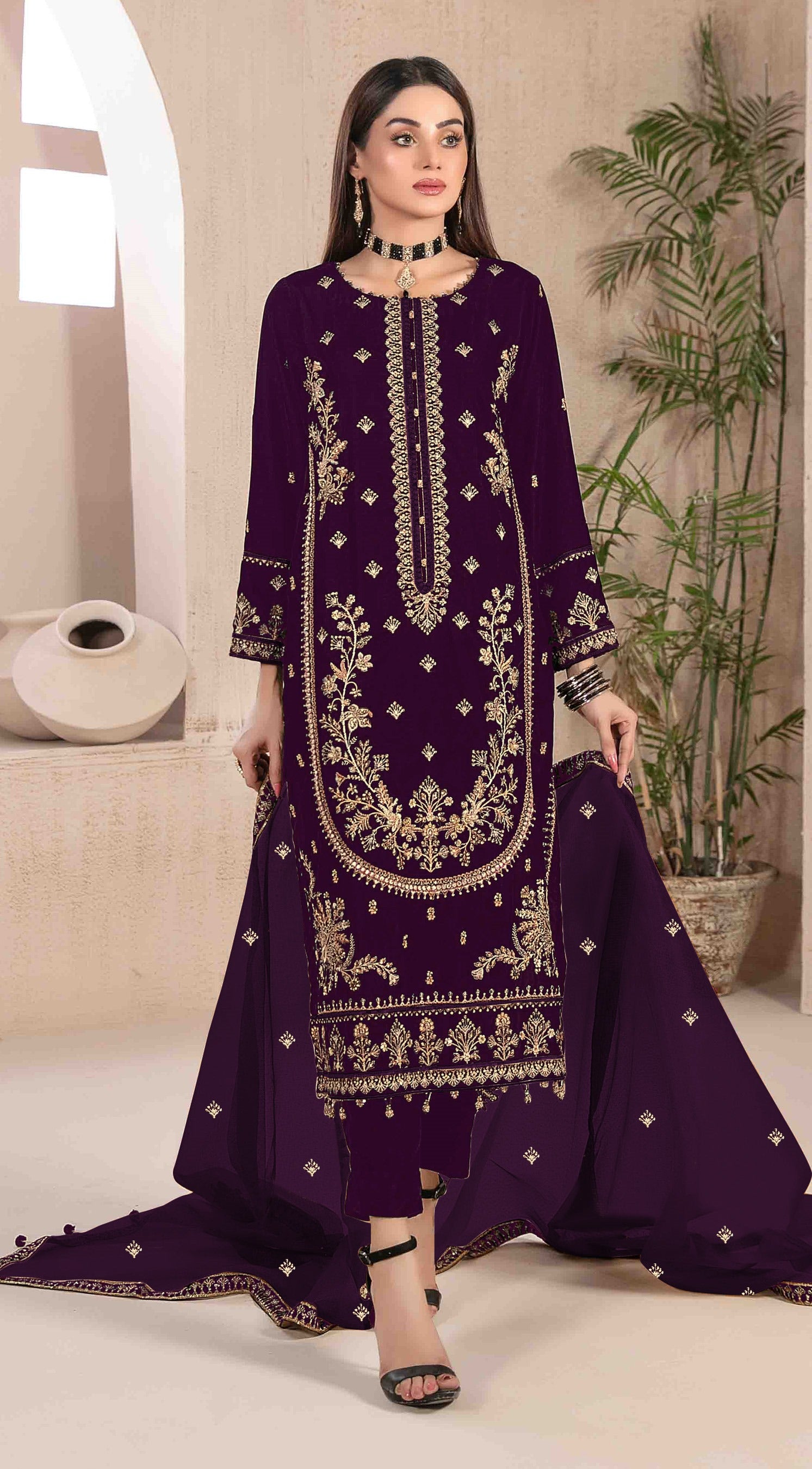 Purple Heavy Designer Suit With Heavy Embroidery Work