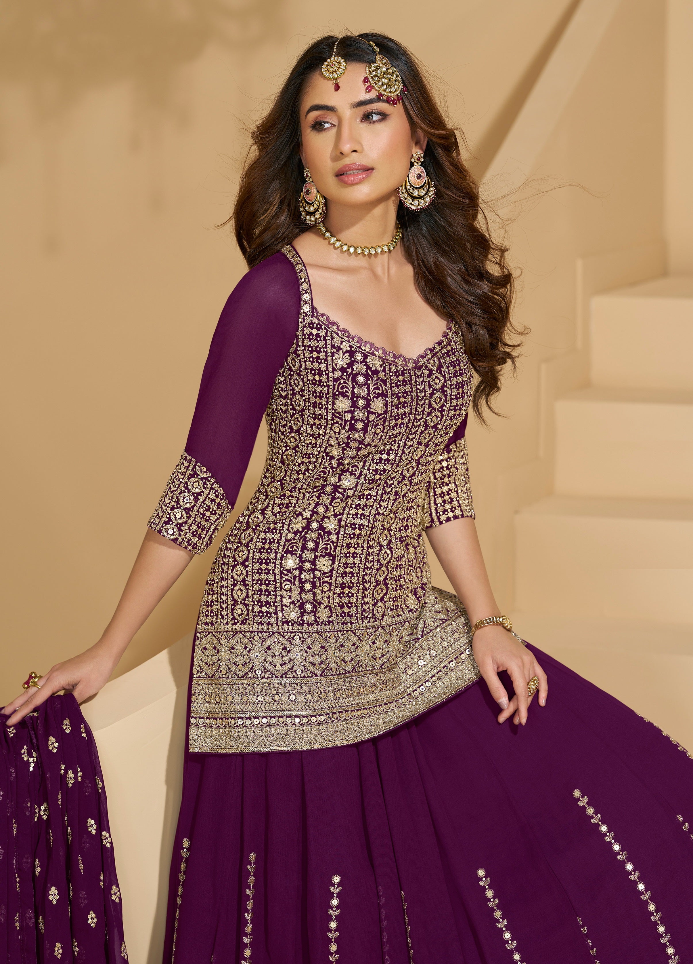 Purple Heavy Designer Suit With Heavy Embroidery Work