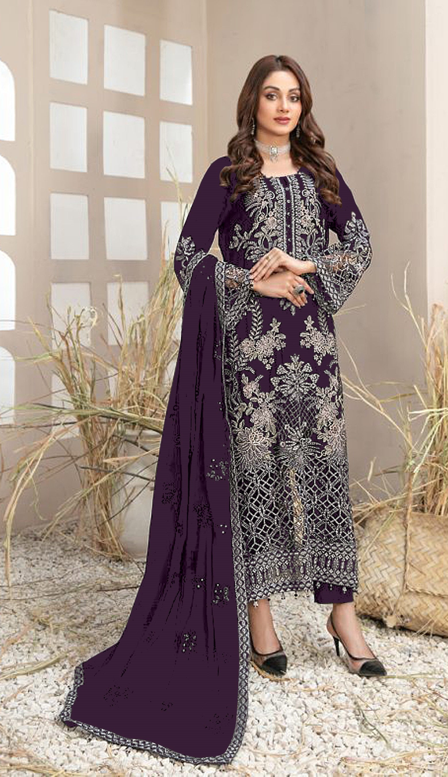Purple Heavy Designer Suit With Heavy Embroidery Work