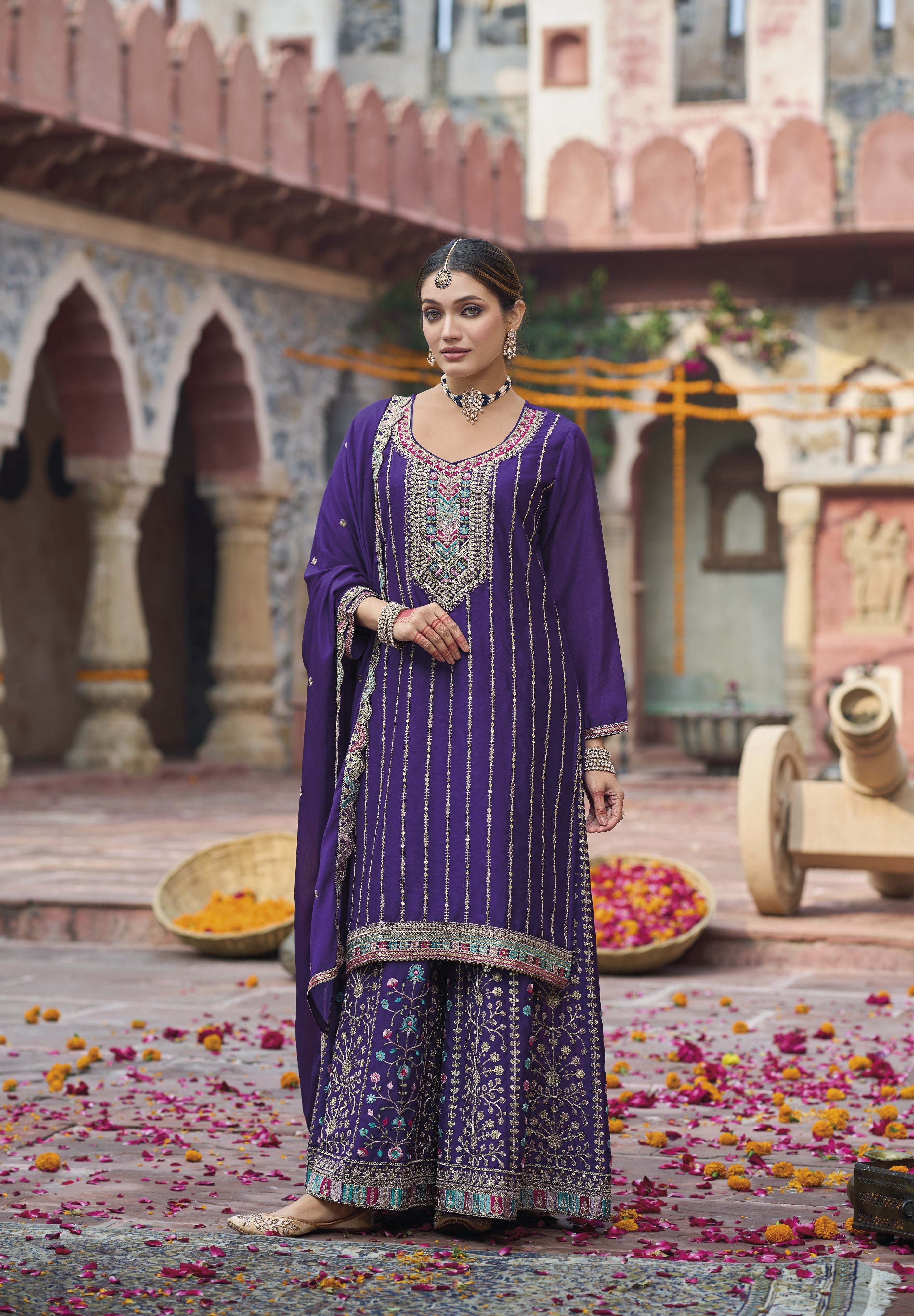 Purple Heavy Designer Suit With Heavy Embroidery Work