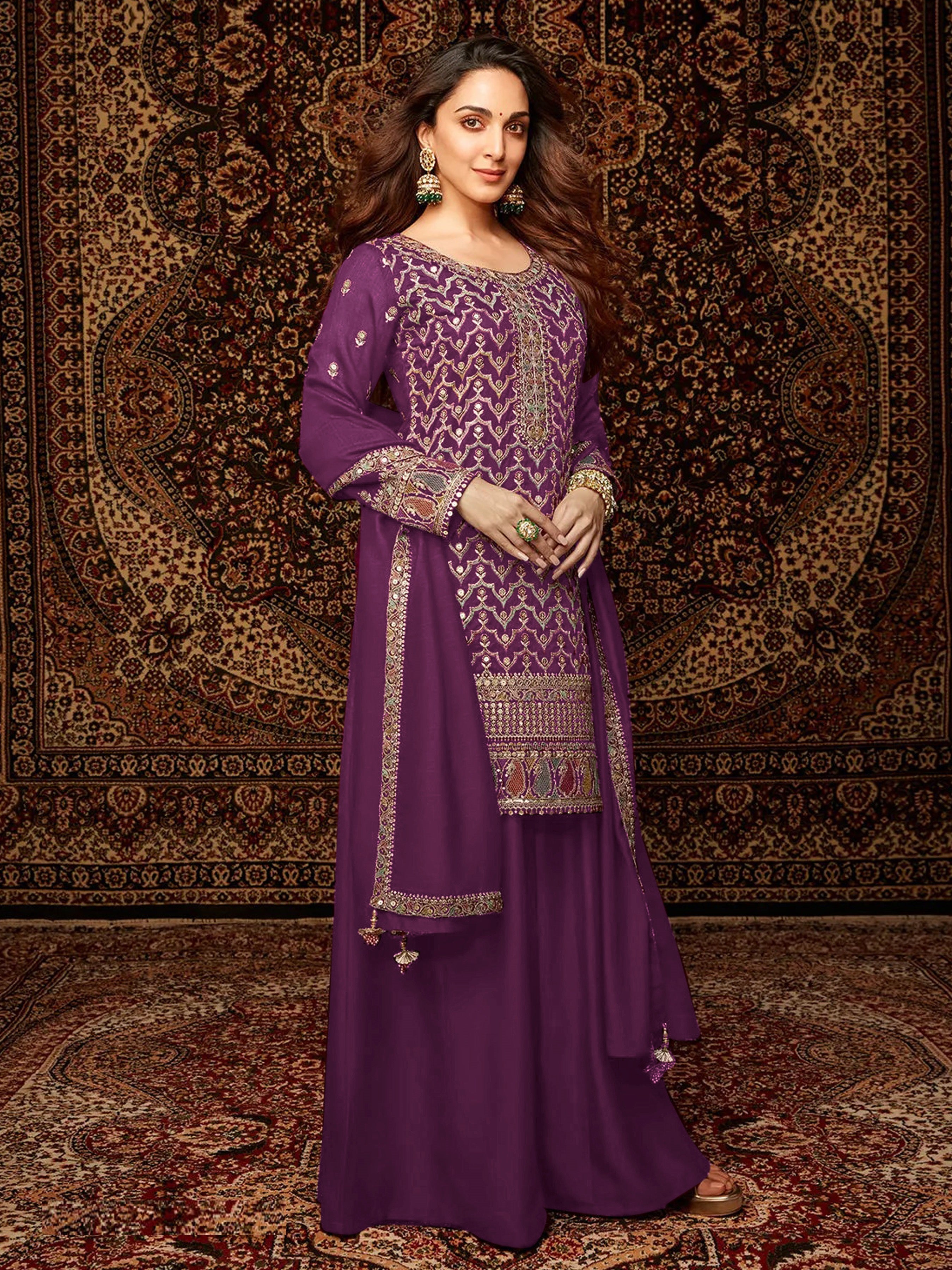 Purple Heavy Designer Suit With Heavy Embroidery Work