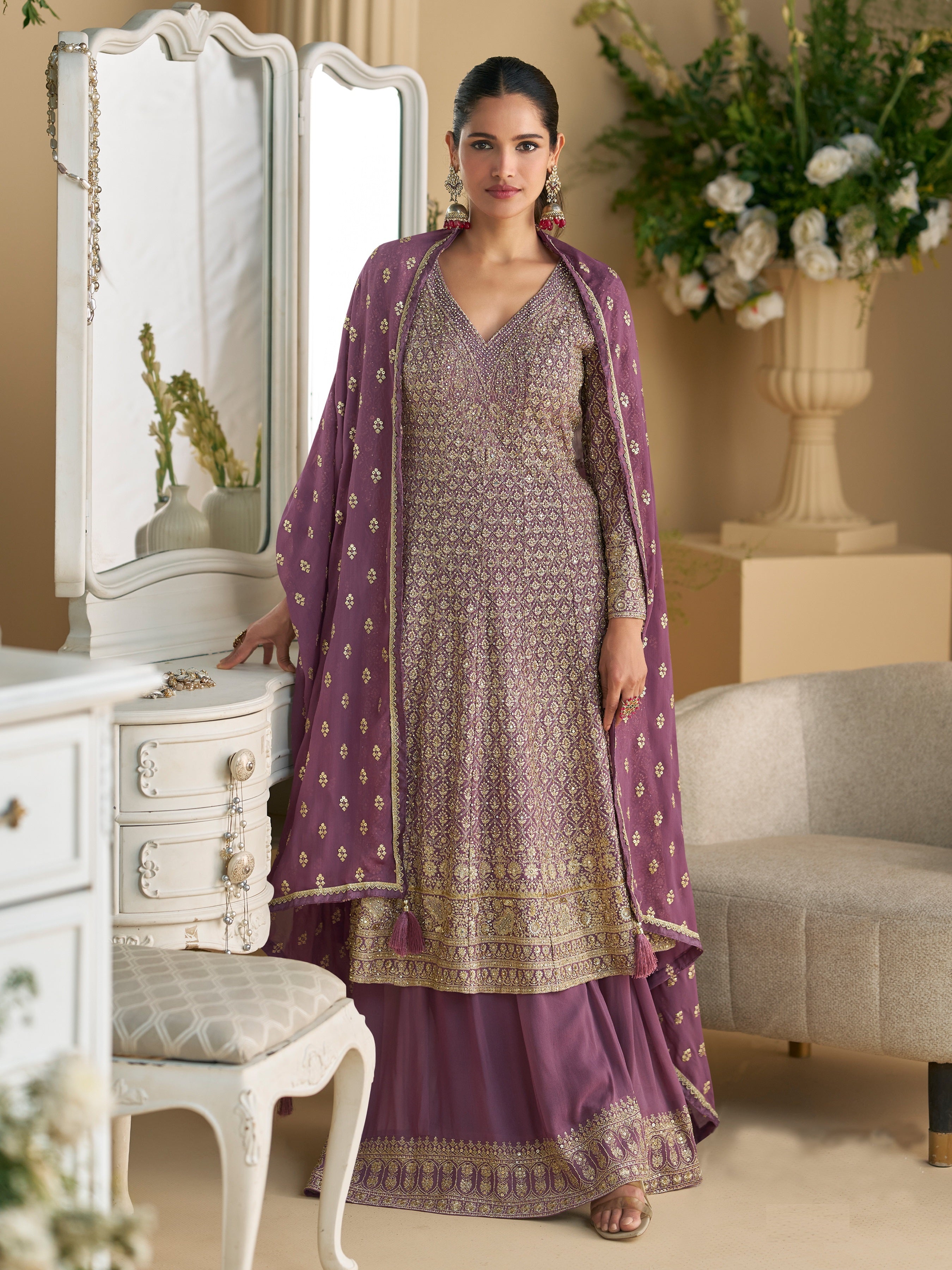 Purple Heavy Designer Suit With Heavy Embroidery Work