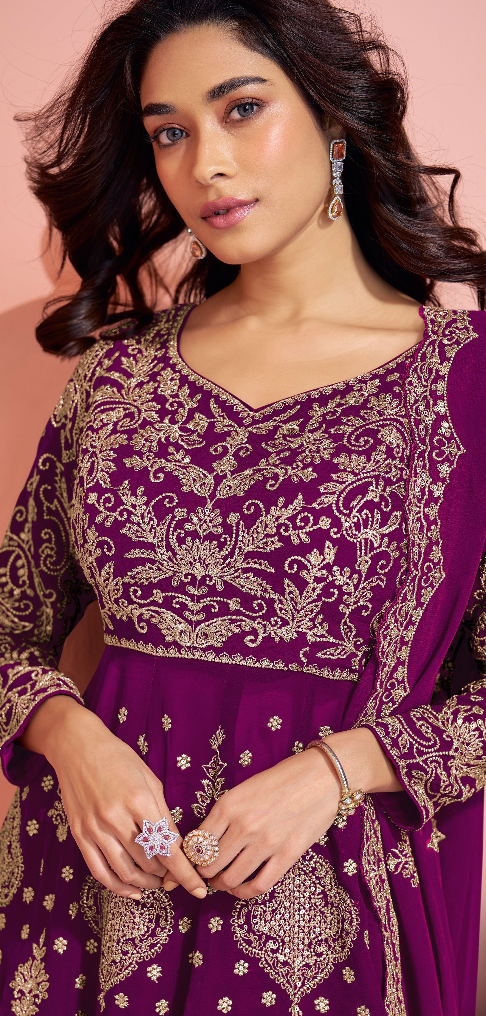 Purple Heavy Designer Suit With Heavy Embroidery Work