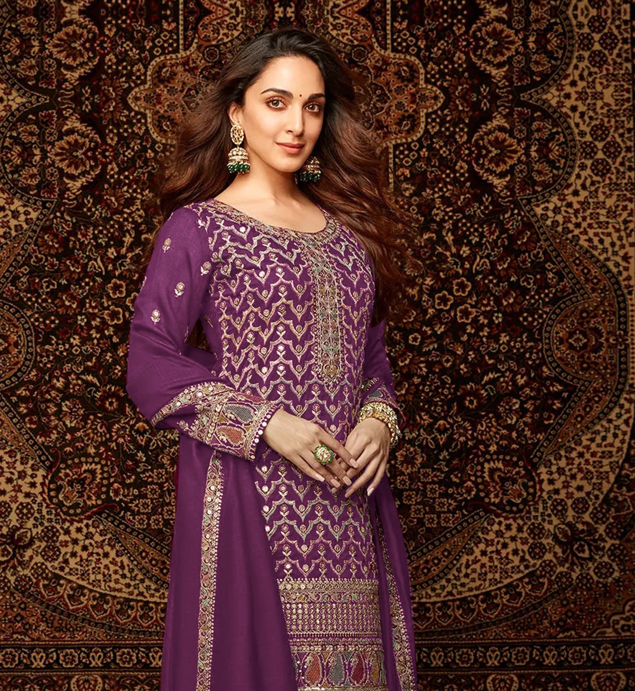 Purple Heavy Designer Suit With Heavy Embroidery Work