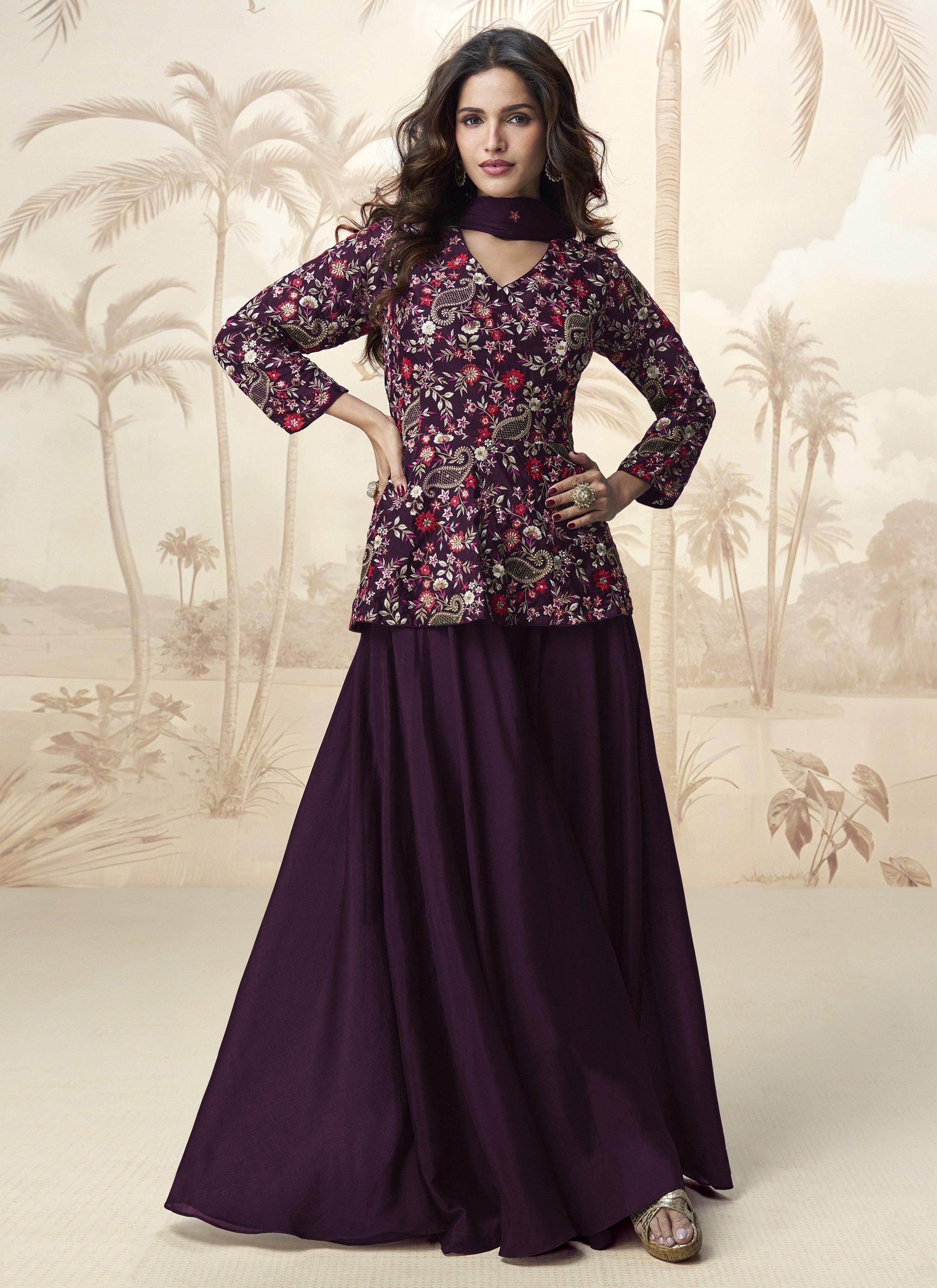 Purple Heavy Designer Suit With Heavy Embroidery Work
