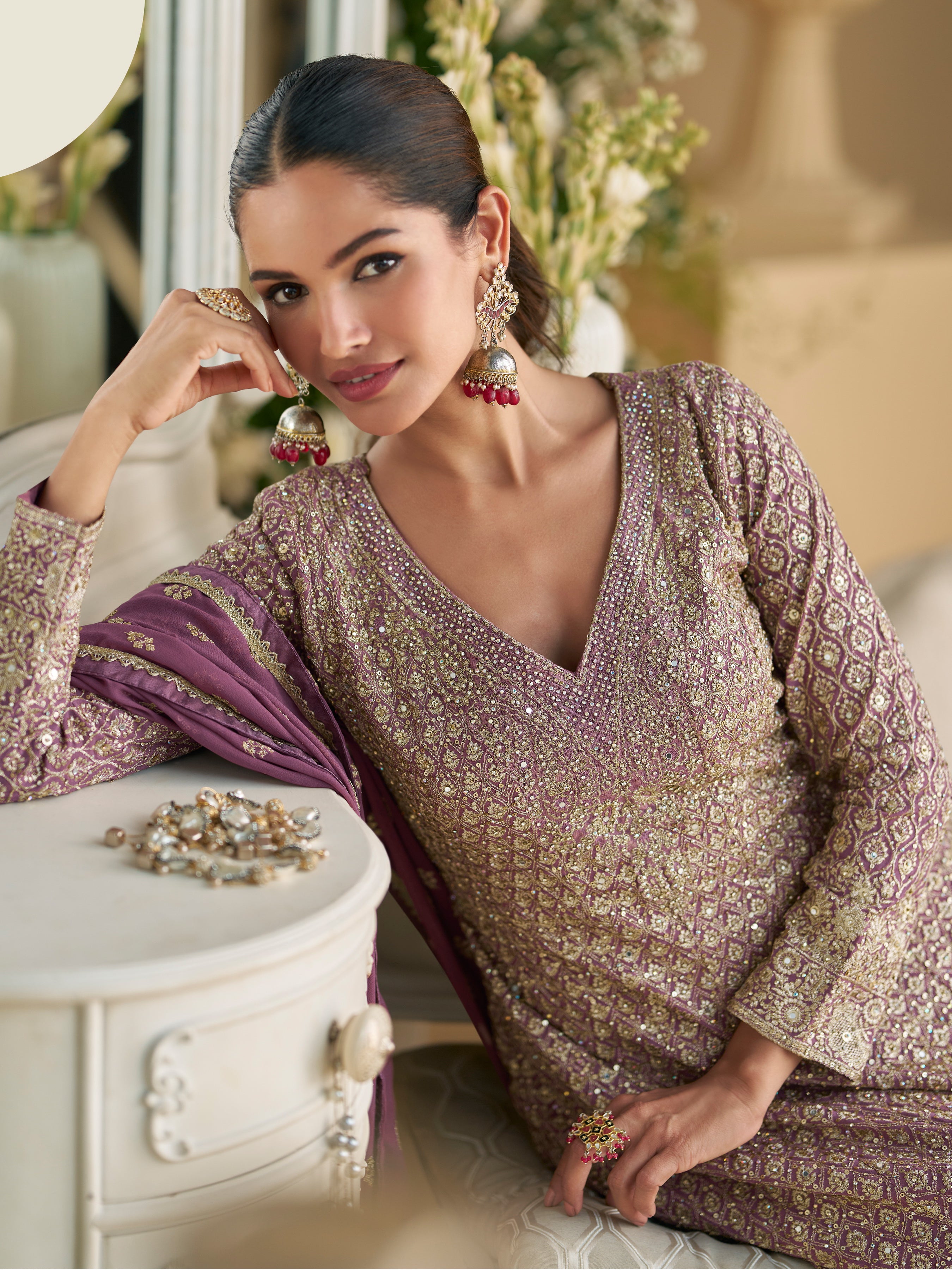 Purple Heavy Designer Suit With Heavy Embroidery Work