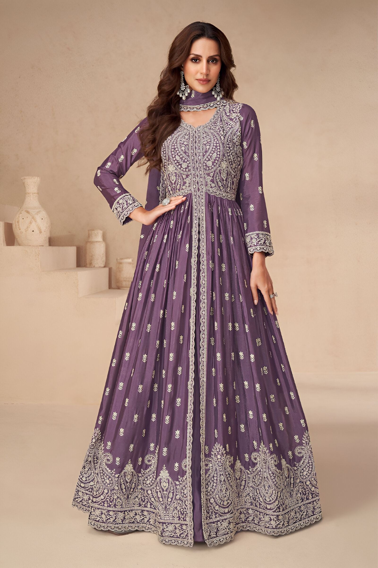 Purple Heavy Designer Suit With Heavy Embroidery Work