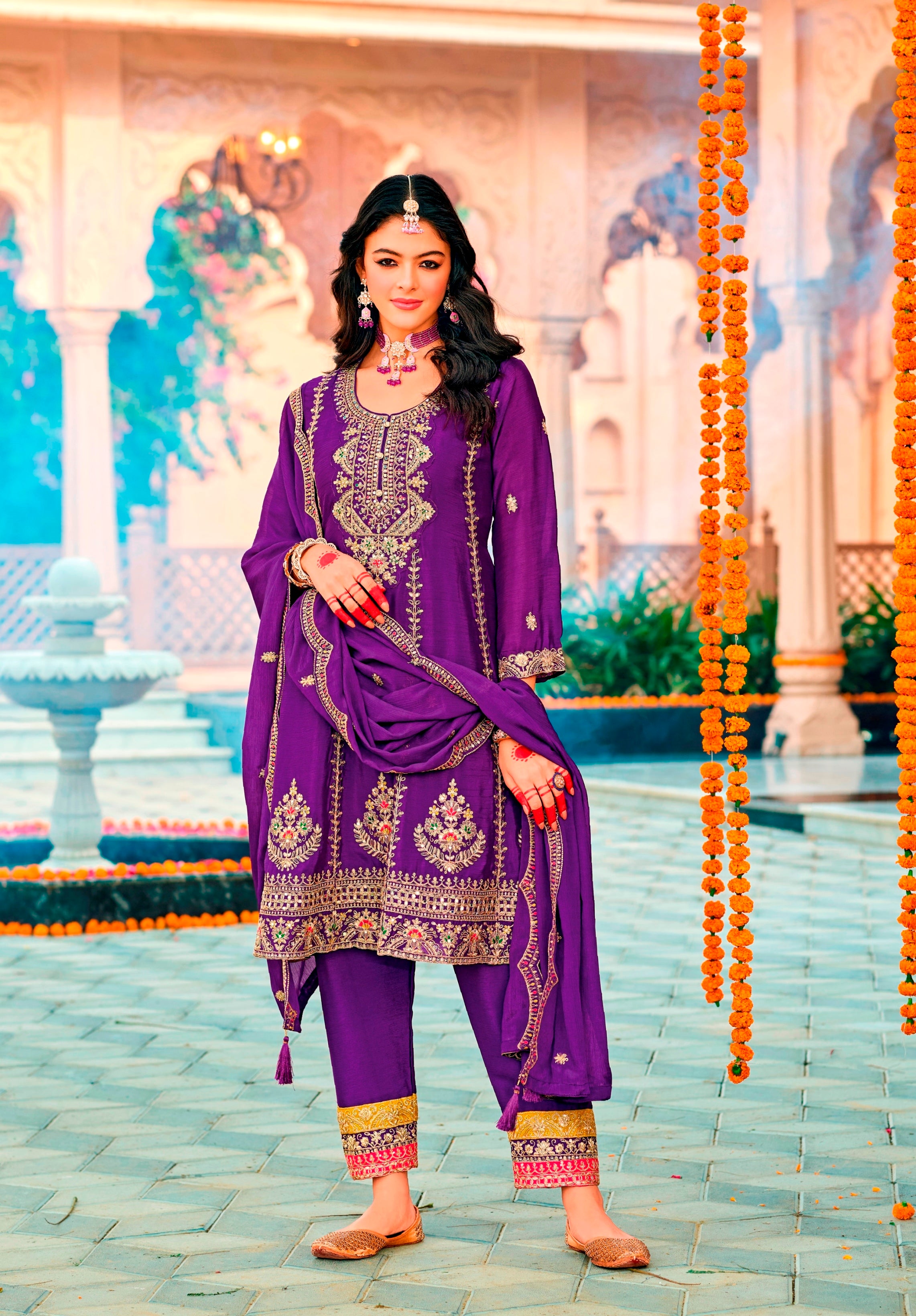 Purple Heavy Designer Suit With Heavy Embroidery Work