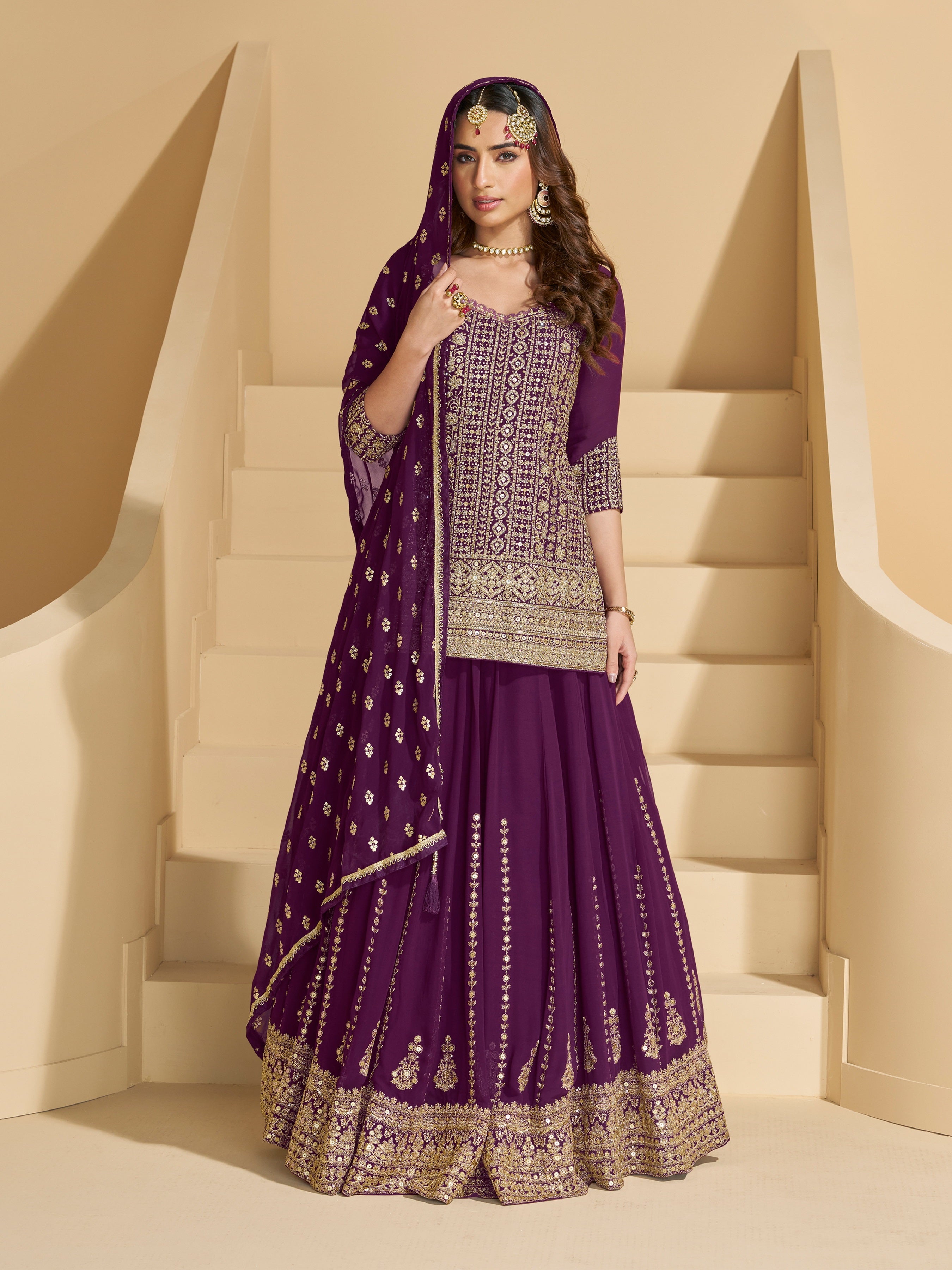 Purple Heavy Designer Suit With Heavy Embroidery Work