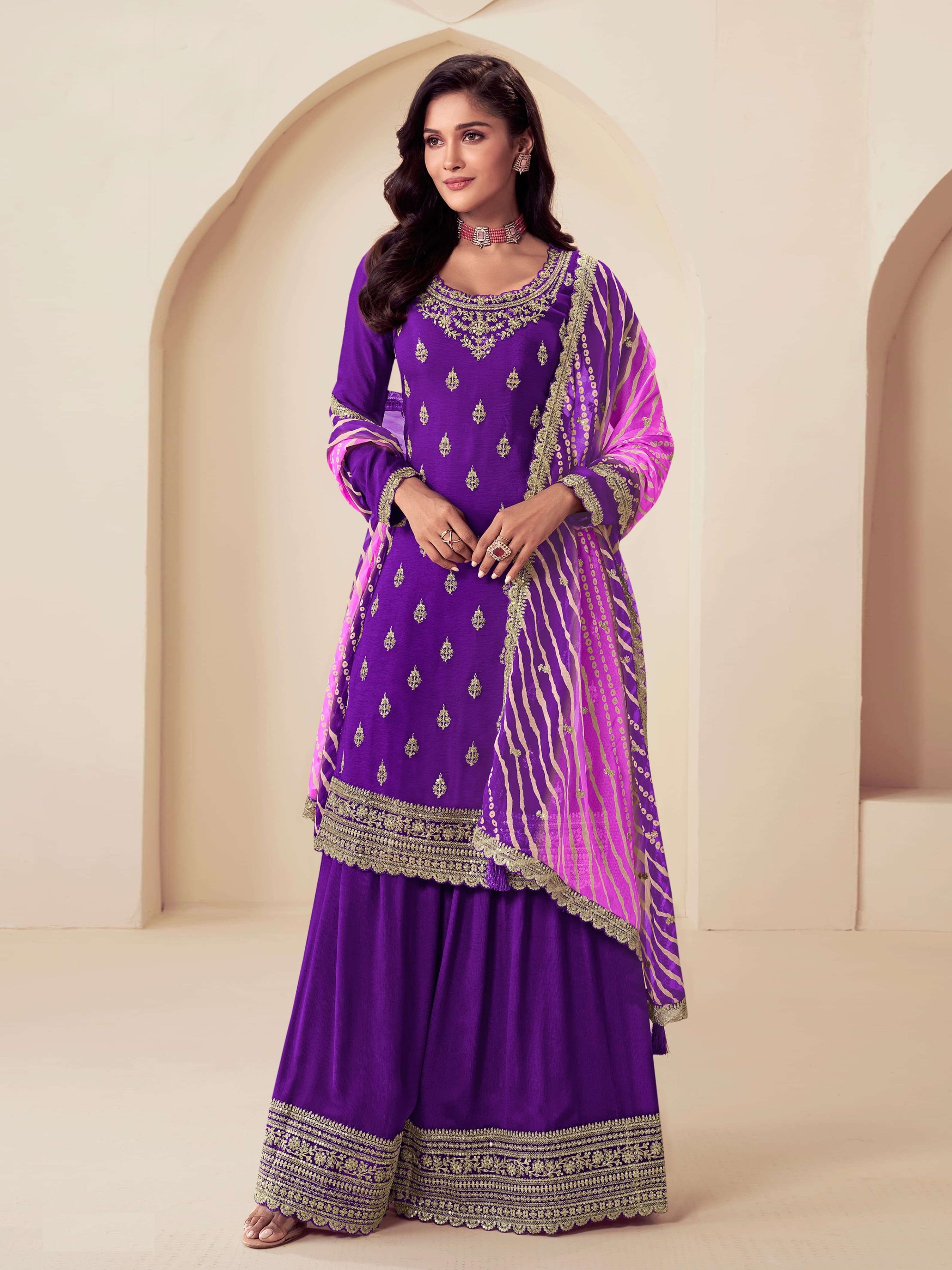 Purple Heavy Designer Suit With Heavy Embroidery Work