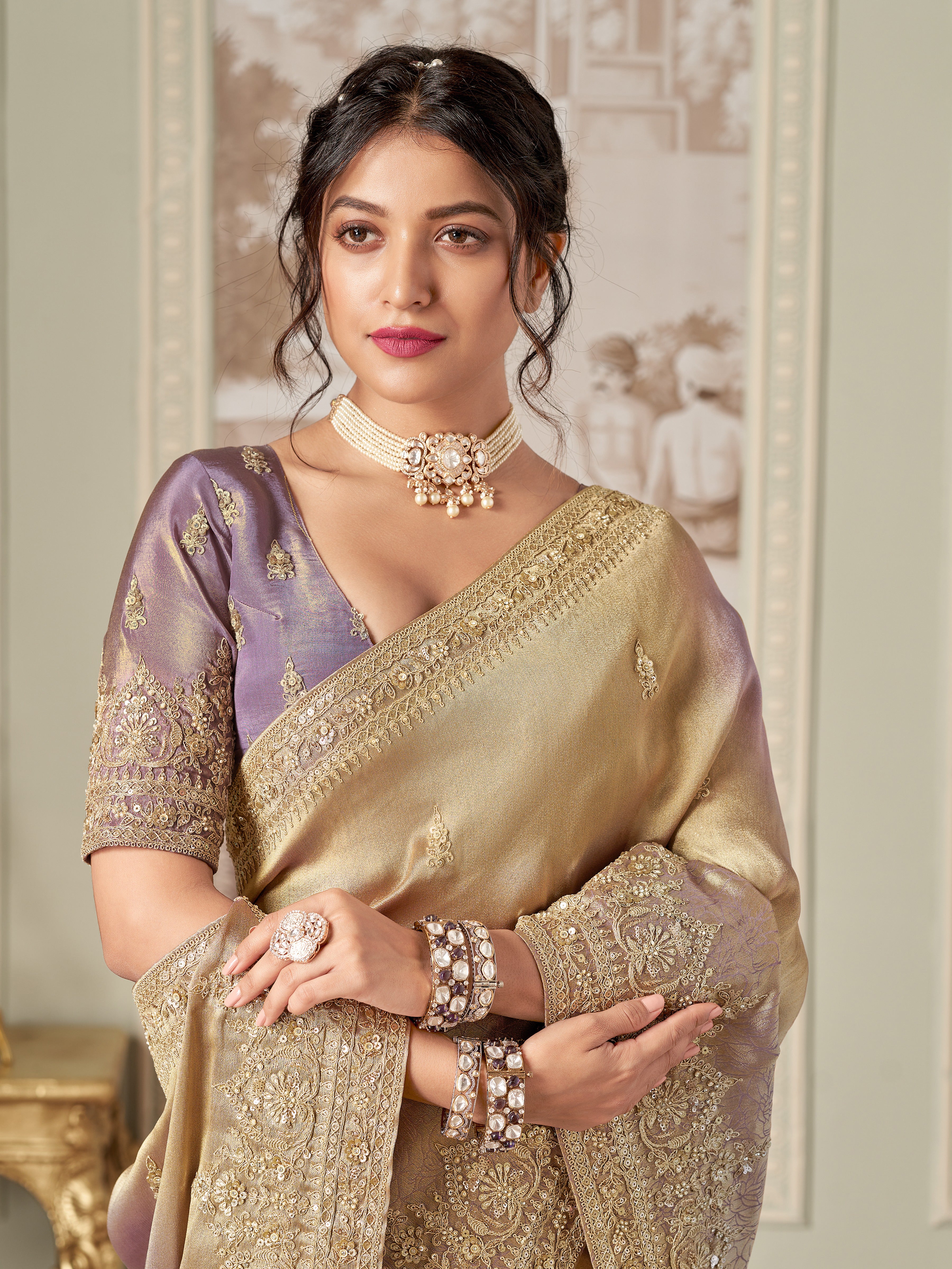 Purple Jacquard Saree with Thread Sequins Work