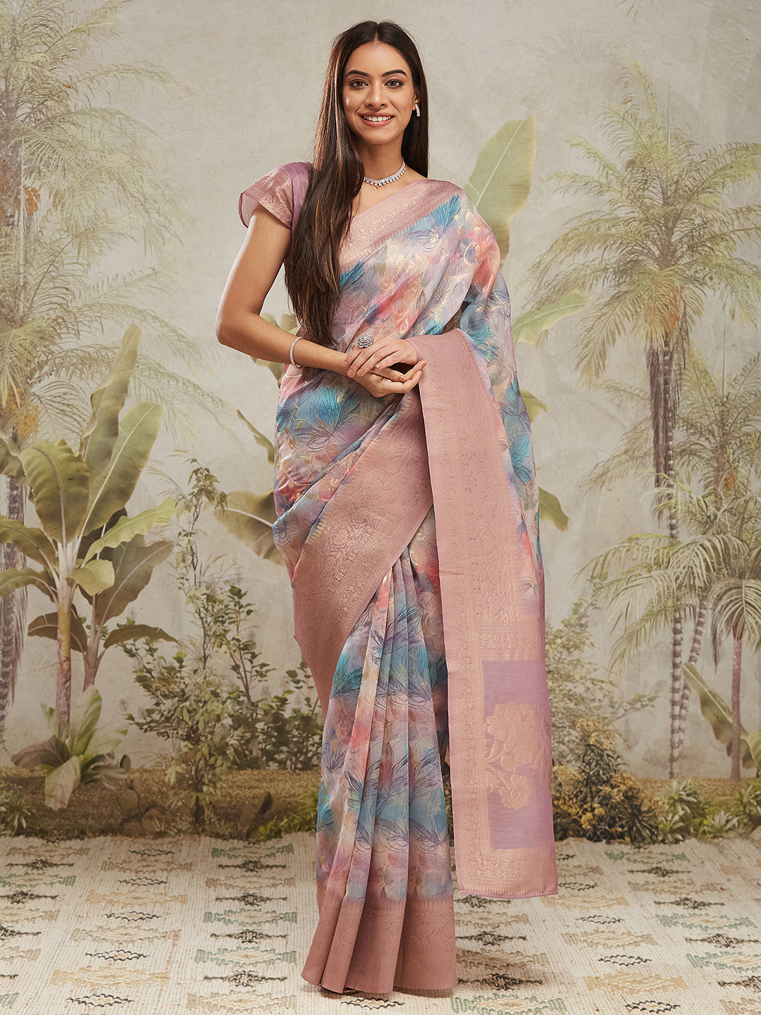 Purple Jacquard Silk Saree With Beautiful Floral Print Designer