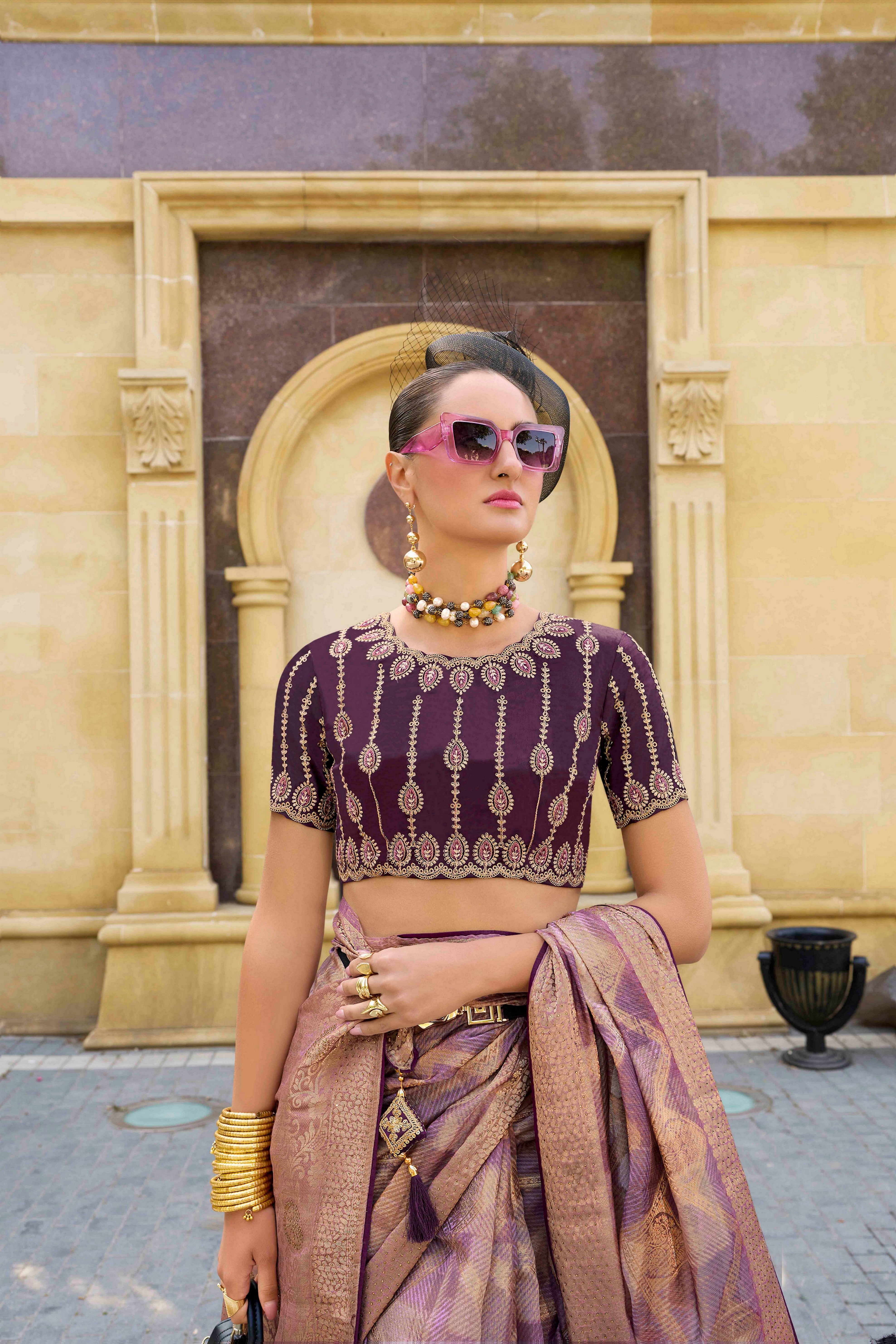 Purple Jacquard Silk Woven Saree With Embroidered Blouse