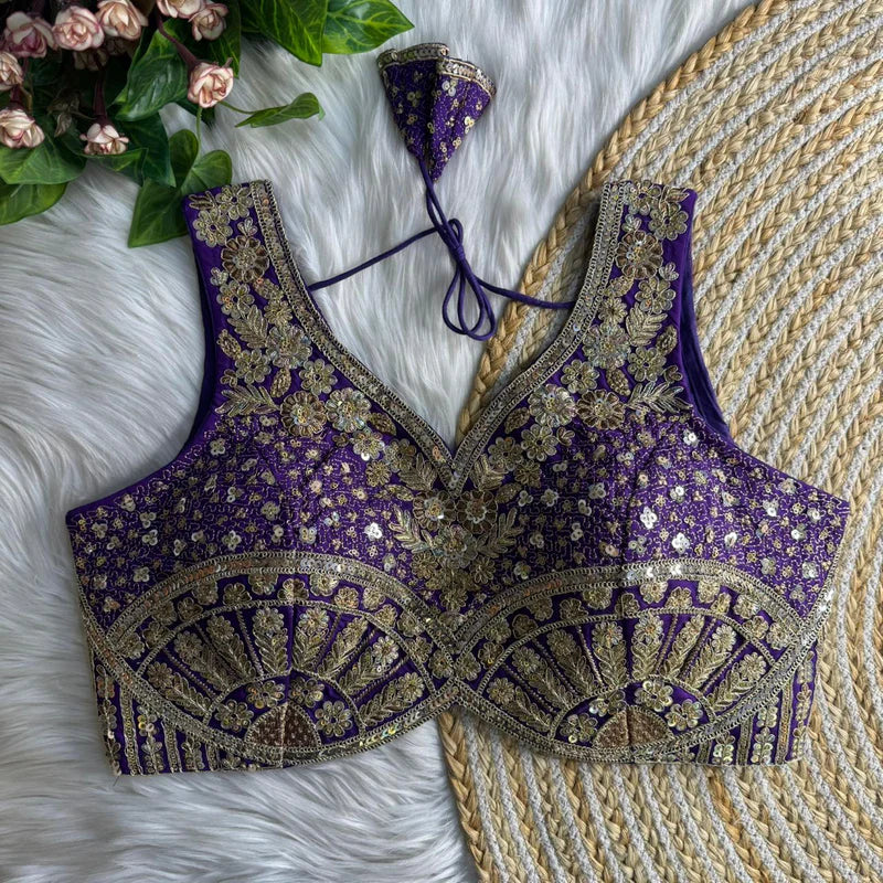 Purple Jari & Sequins Work Bridal Blouse in Roman Silk with Embroidery