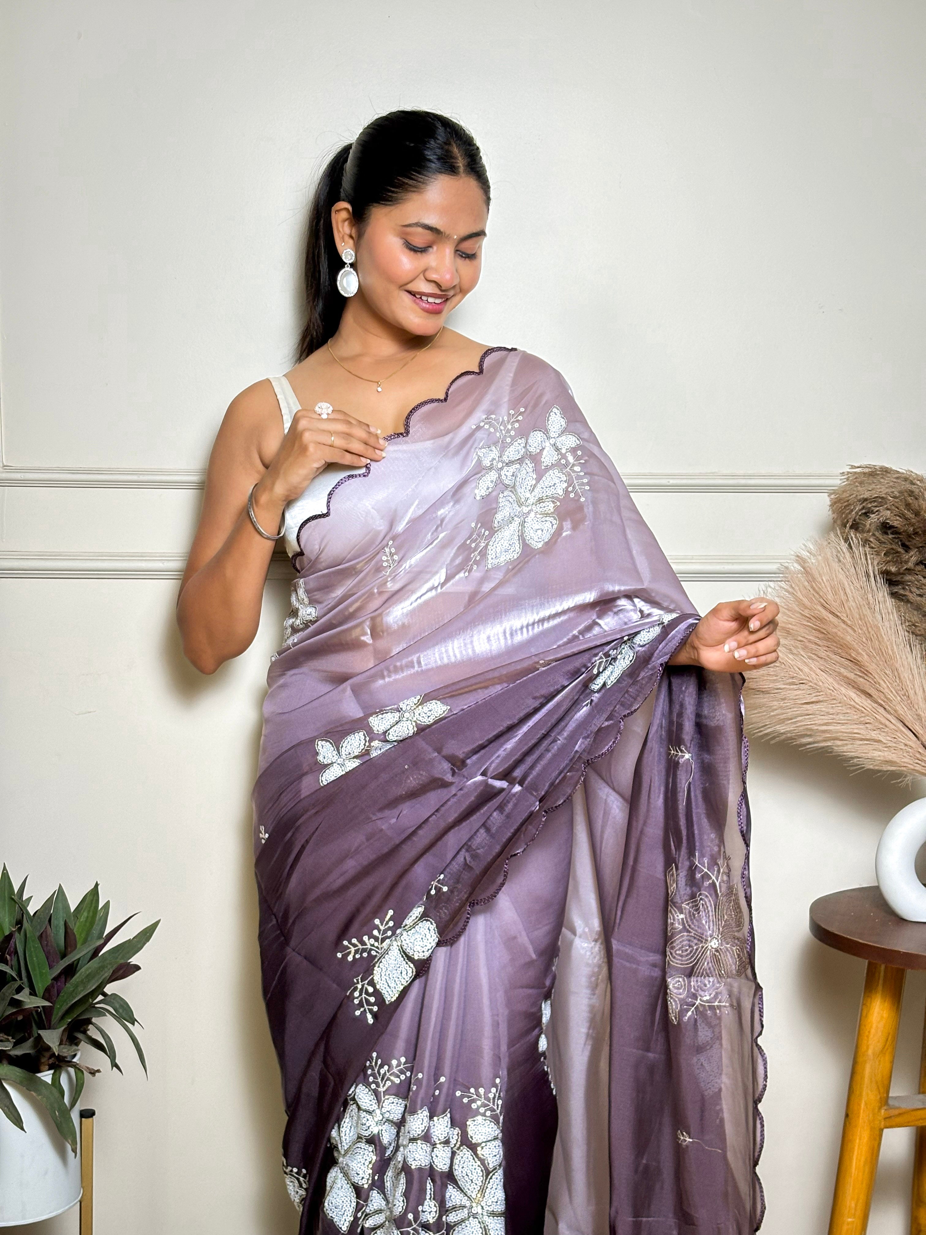 Purple Jimmy Choo Beautiful Sequins Embroidery Work Bollywood Saree