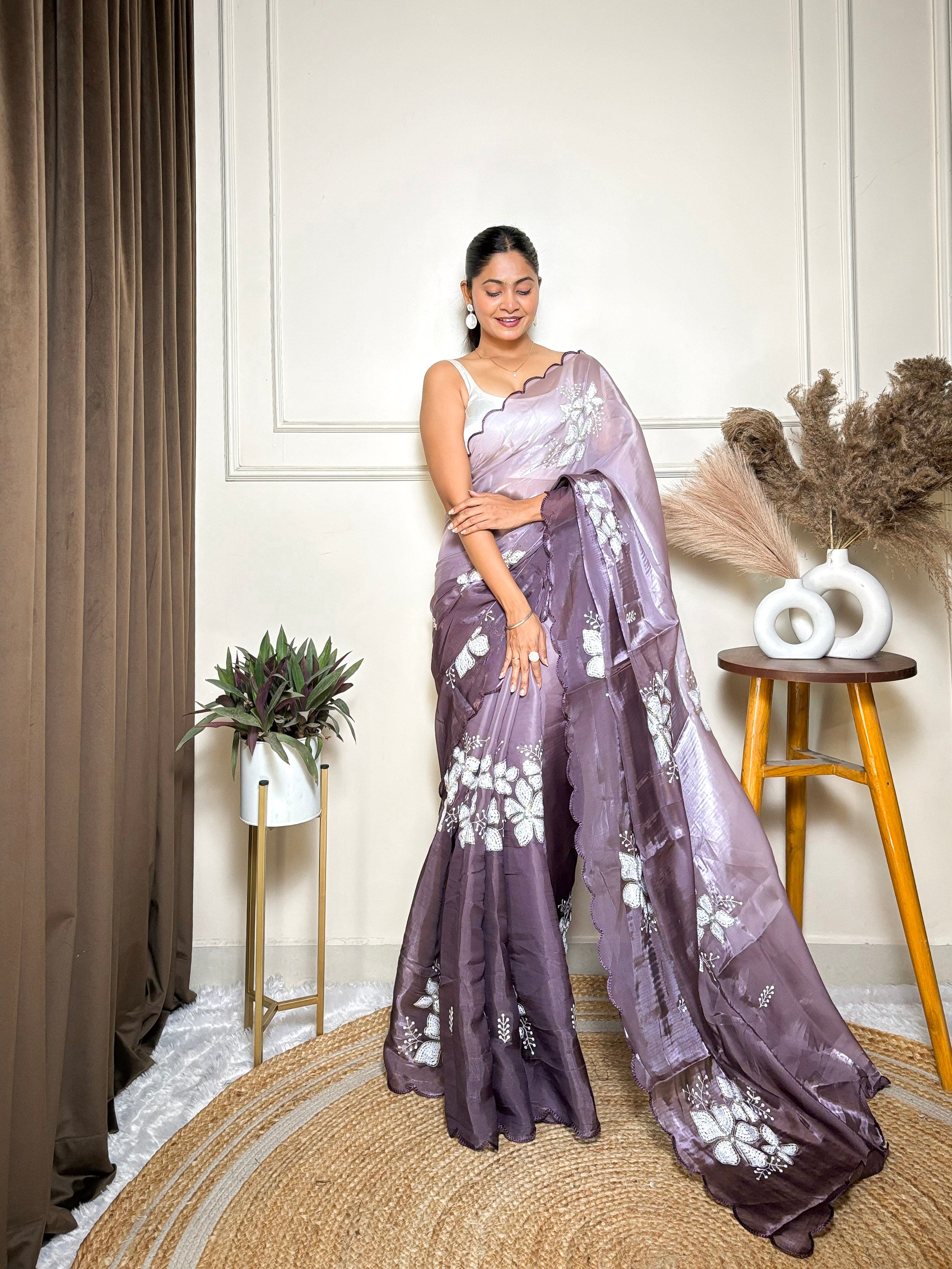 Purple Jimmy Choo Beautiful Sequins Embroidery Work Bollywood Saree