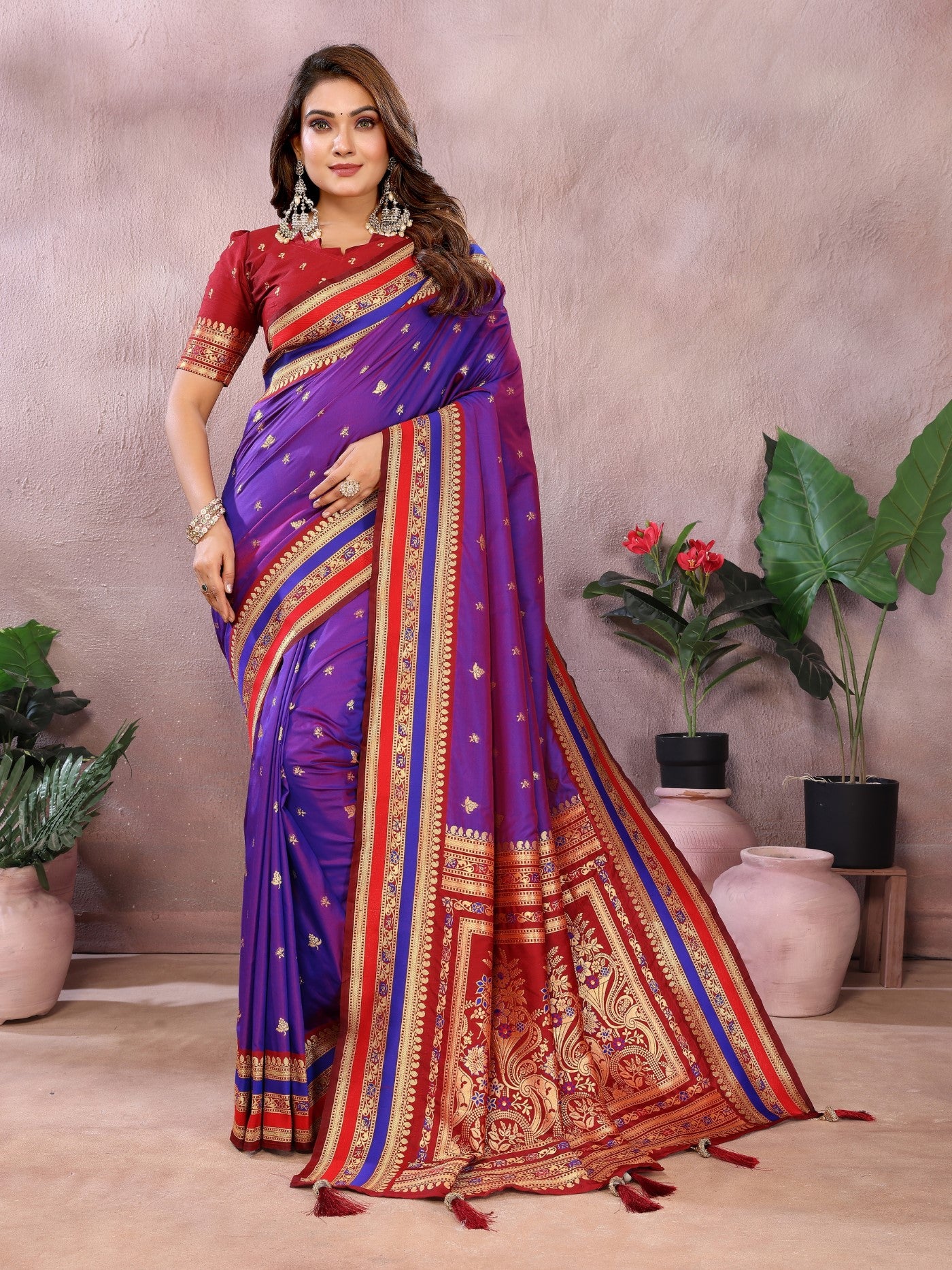 Purple Kalamkari Silk Saree With Traditional Weaving