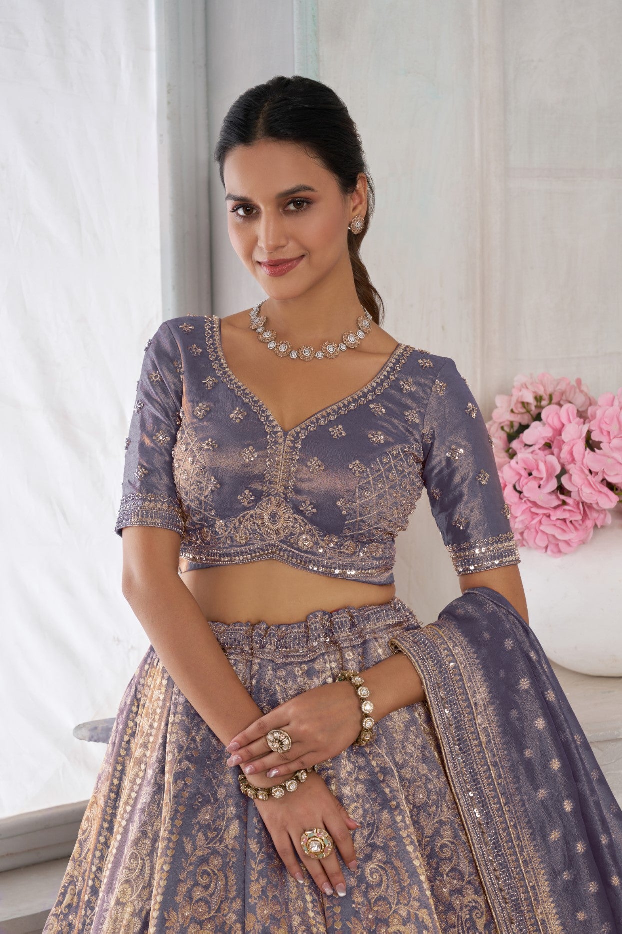Purple Kanjivaram Tissue Jari Bridal Lehenga Choli with Beadwork