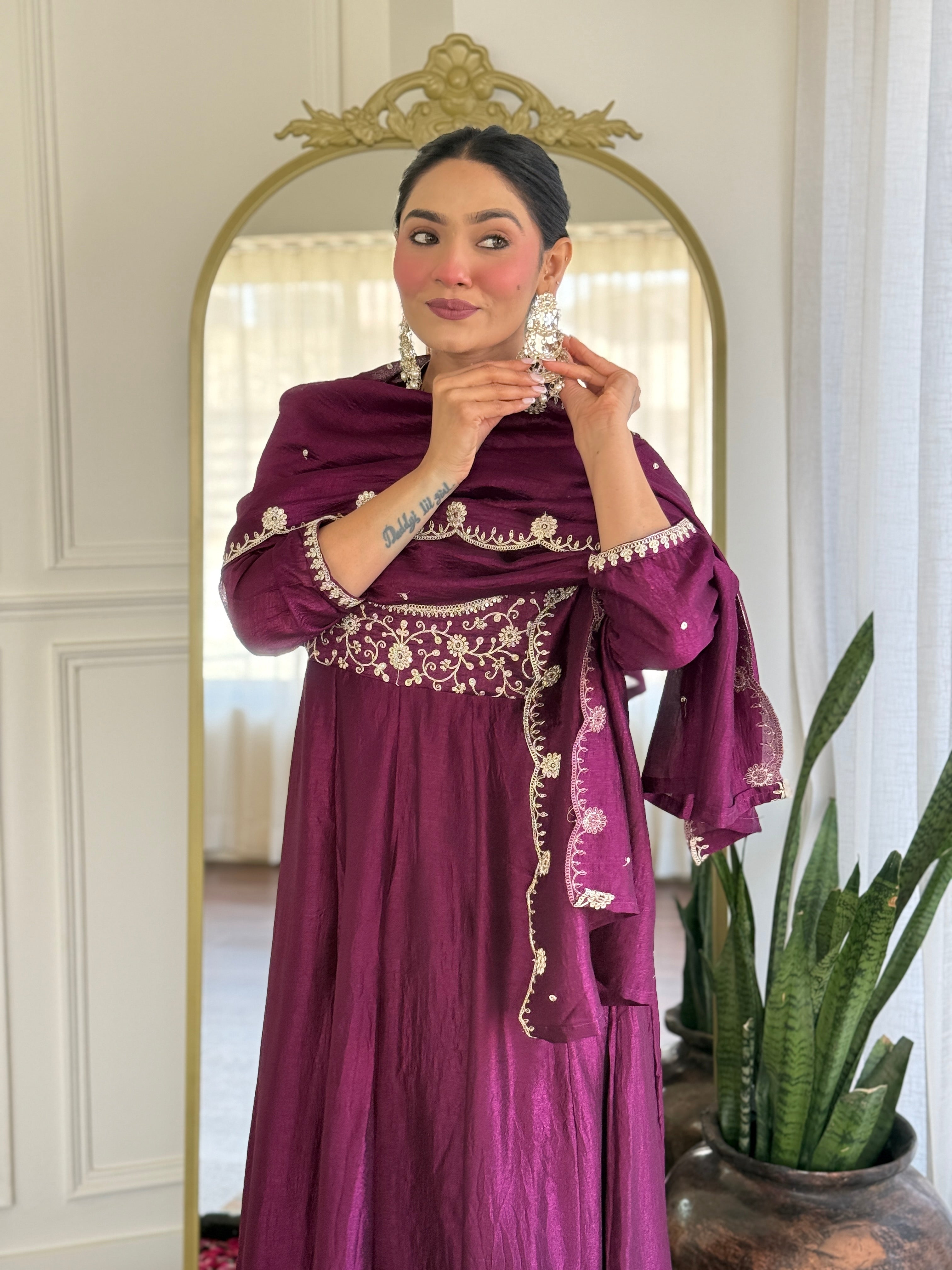 Purple Kurta Pant Set With Heavy Thread Embroidery Sequins Work