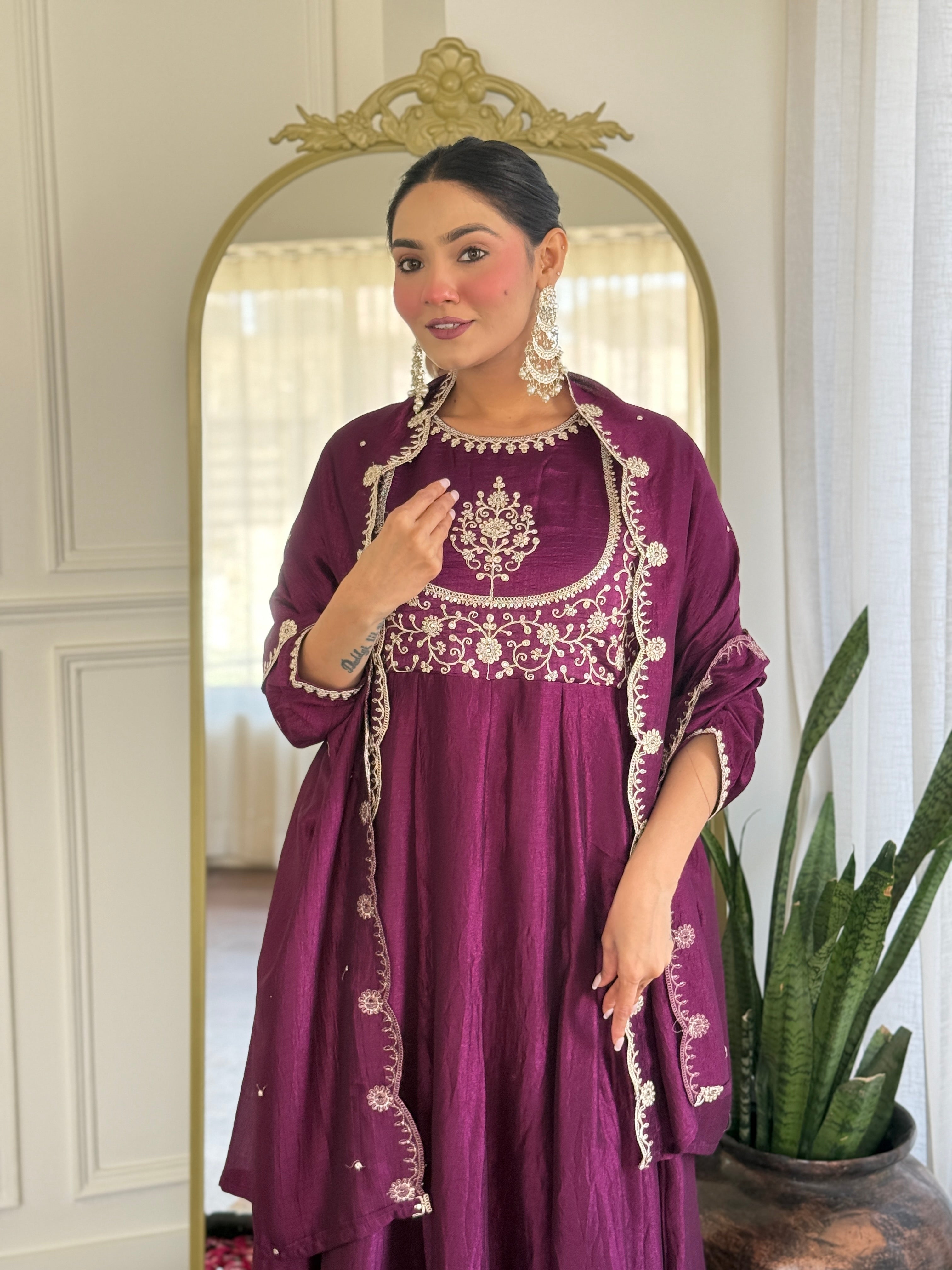 Purple Kurta Pant Set With Heavy Thread Embroidery Sequins Work